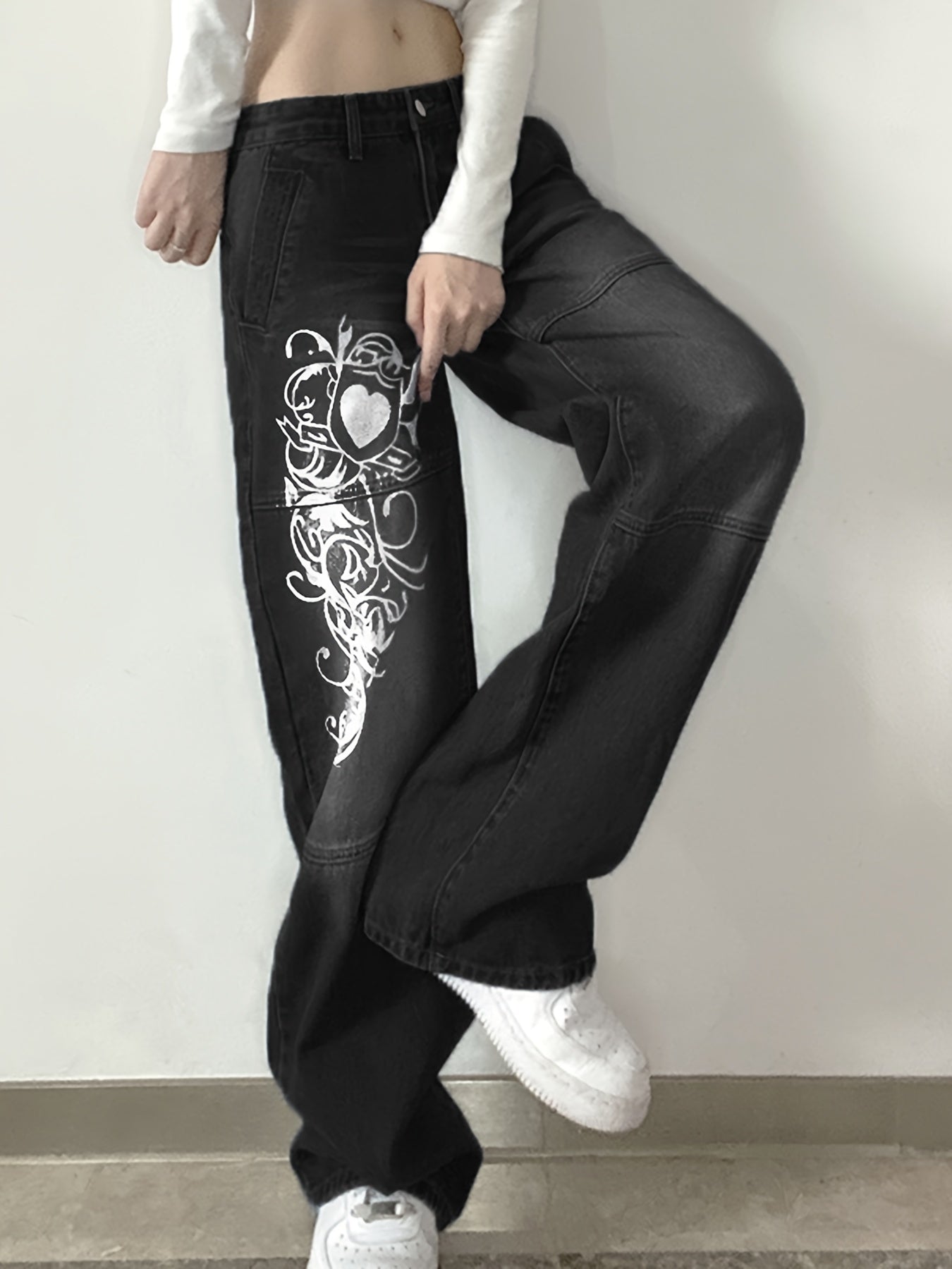 White Floral Print Thigh High Rise Loose Baggy Fit Straight Lets Plicated Hem Sectional Design High Waist Boyfriend Jeans, Women's Denim Jeans, Women's Clothing