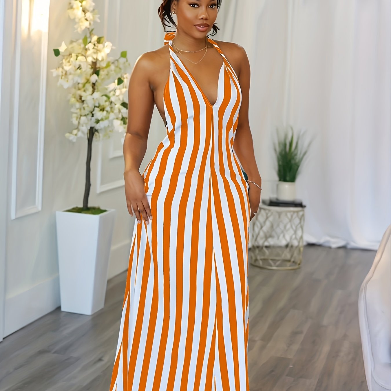 Vibrant Striped Halter Dress - Flattering V-Neck, Daring Backless Design, Chic Halter Neck Style, Perfect for Warm Weather - Womens Fashion Apparel, Stylish Clothing for Ladies, Spring and Summer Essential