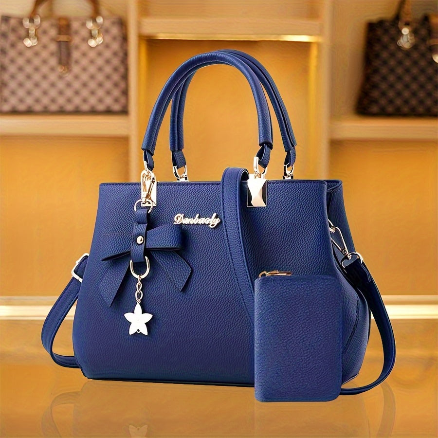 Chic Bow Decor Crossbody Bag for Women - Versatile Top Handle Satchel with Coin Purse, Adjustable Strap, and Zip Closure - Available in Khaki, Dark Pink, Light Blue, Black - Synthetic Material with Acrylic Lining, Cute Handba