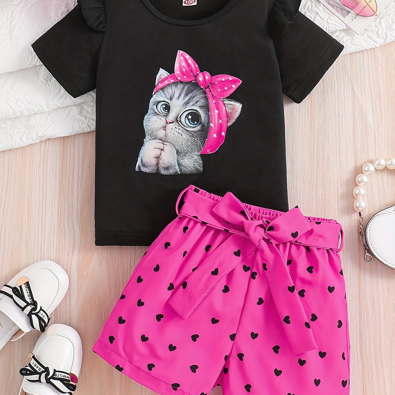 Summer Casual Round Neck Short Sleeve Printed Cat Pattern and Heart-Print Shor, Summer Outfit, Fashion, Cute Design, Playful Pattern, Soft Texture, Durable Clothing, 's Apparel, Little, 's Wear, Perfect for Outdoor