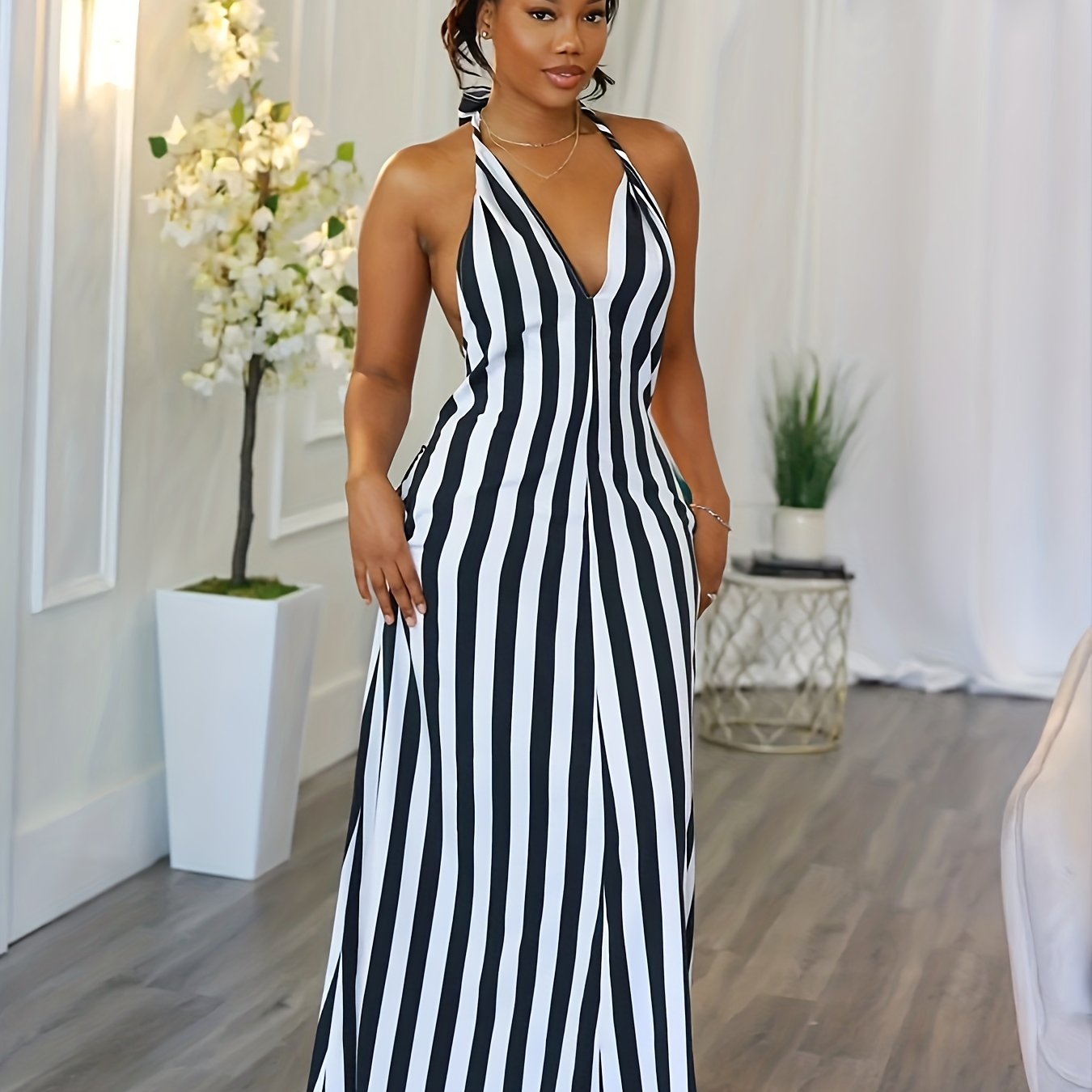 Vibrant Striped Halter Dress - Flattering V-Neck, Daring Backless Design, Chic Halter Neck Style, Perfect for Warm Weather - Womens Fashion Apparel, Stylish Clothing for Ladies, Spring and Summer Essential
