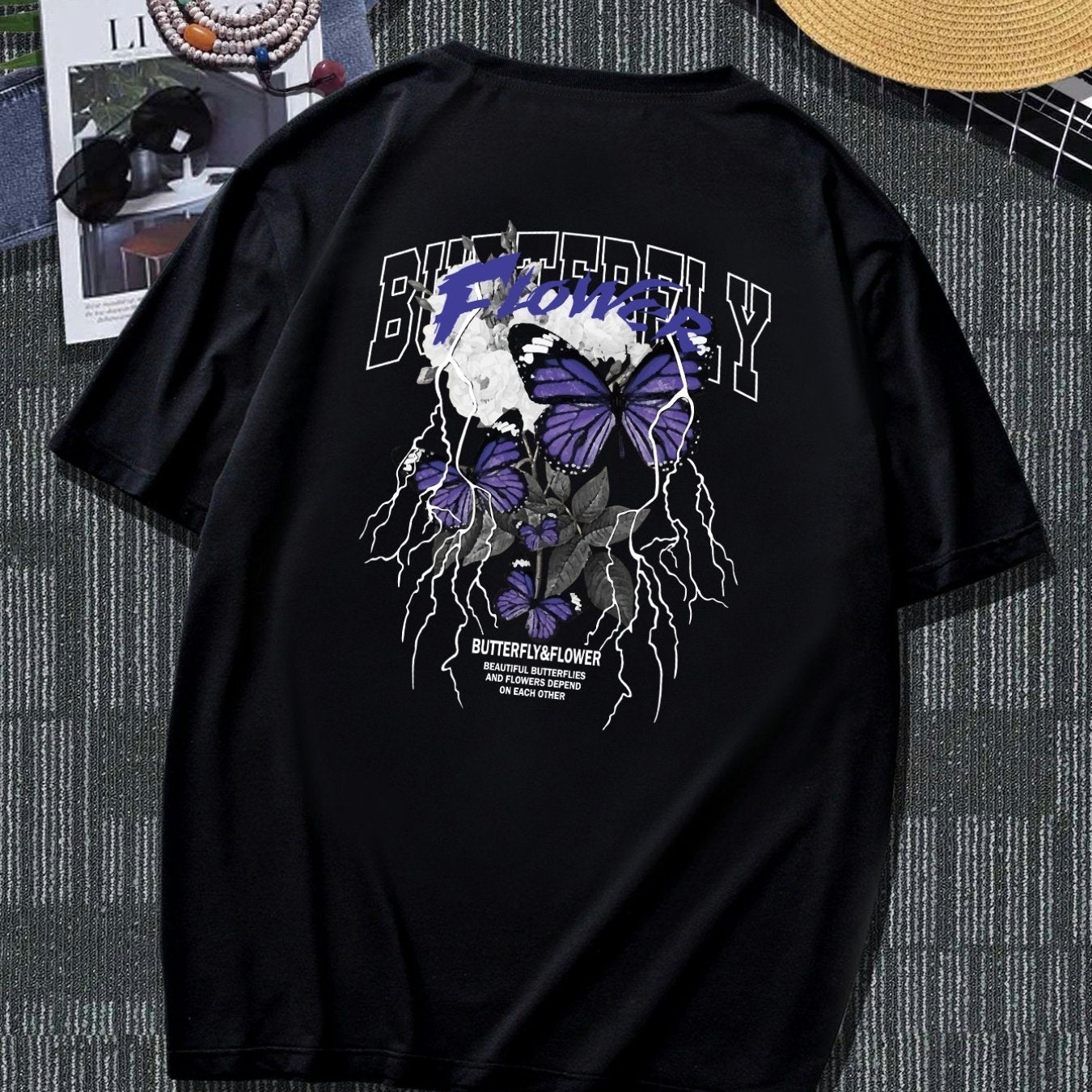 Plus Size Butterfly Men's Casual Trendy Graphic Print Comfortable Crew Neck Short Sleeve T-shirts, Summer Oversized Loose Tees