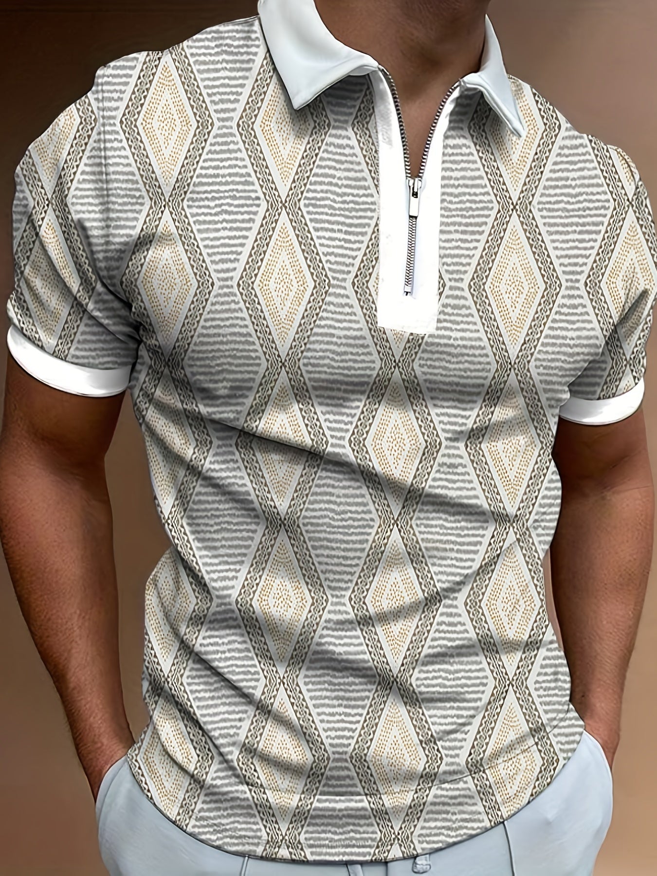 Geometric Pattern Print Men's Casual Short Sleeves Zipper Graphic Shirts, Lapel Collar Tops Pullovers, Men's Clothing For Summer