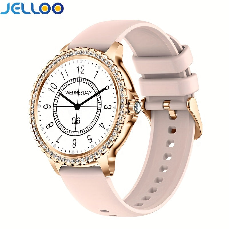 JELLOO Women'S Fashion Smart Watch - 3.35cm HD Full Touch Screen, Wireless Calls, IP68, Rechargeable Lithium Battery, Rose Golden & Pearl Accents, Perfect for iPhone & Android, Stylish Accessory|Rose Golden Watch|Lithium Batt