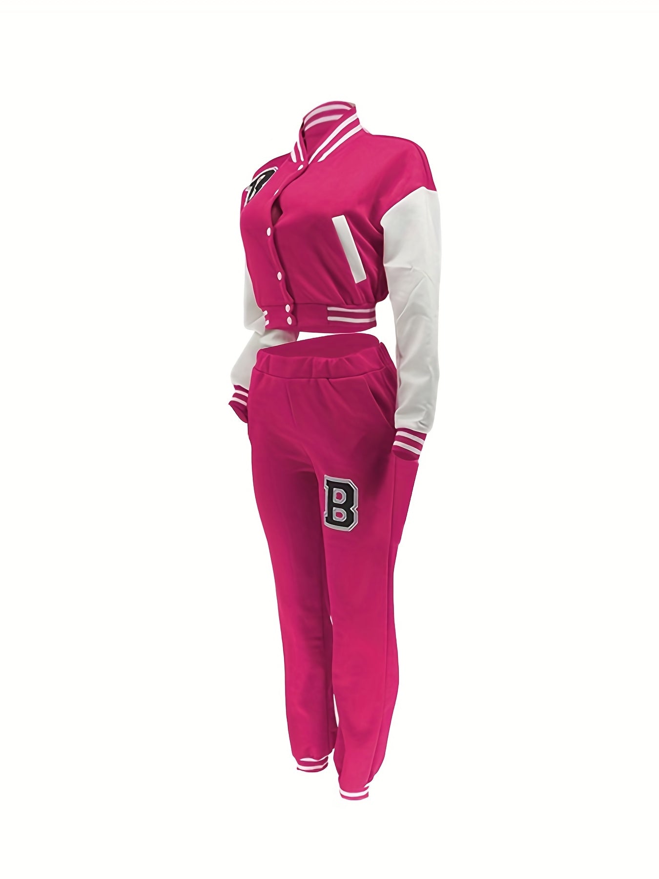 Chic, Women's Casual Letter Print Baseball Jacket and Pants Set - Red and White, Polyester Blend, Machine Washable, Fall/Winter Fashion Ensemble