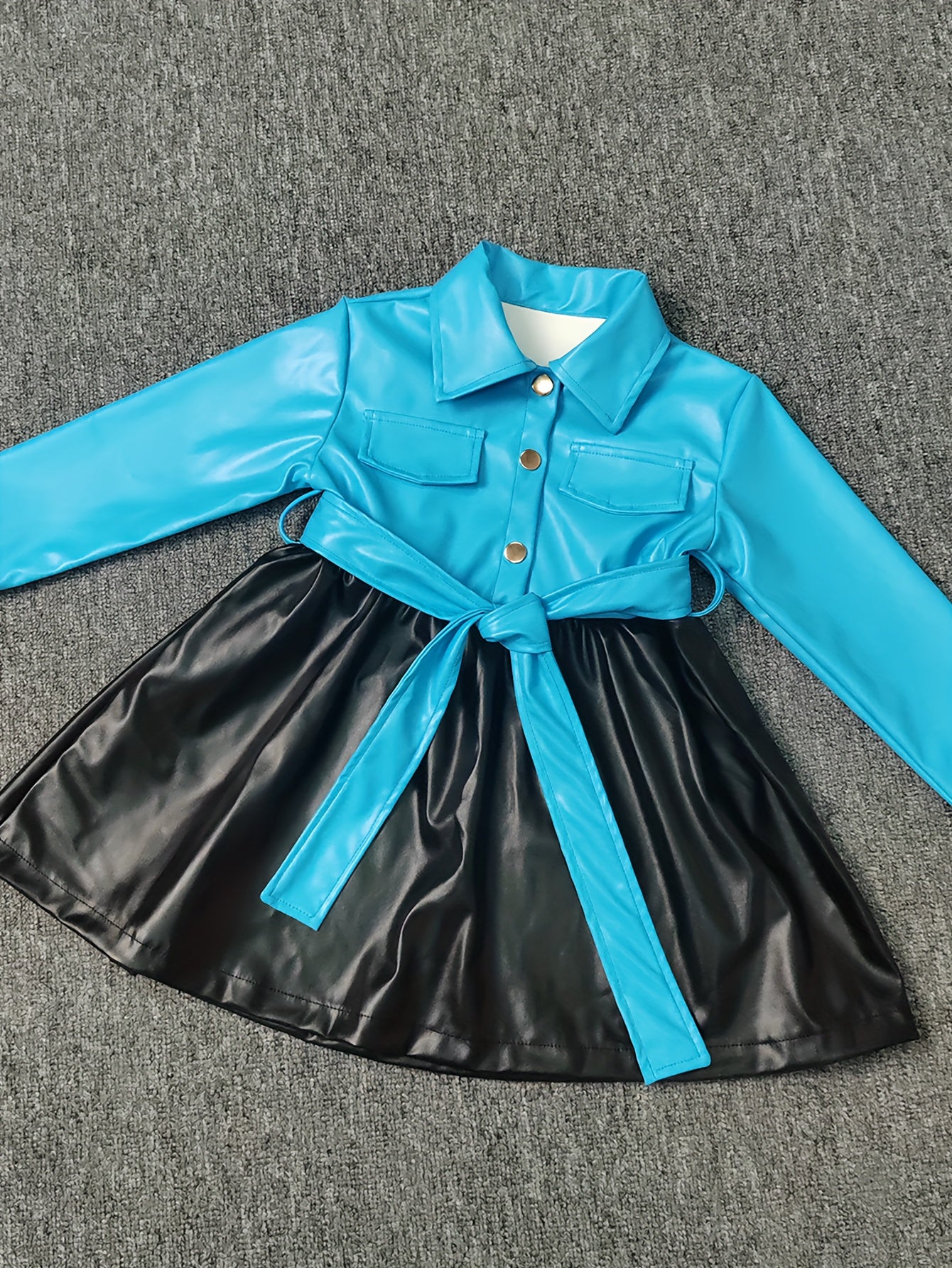 Vibrant Color Block PU Leather Dress for Girls - Stylish Button Lapel Design, Adjustable Belt, and Comfortable Fit for Kids' Everyday Wear