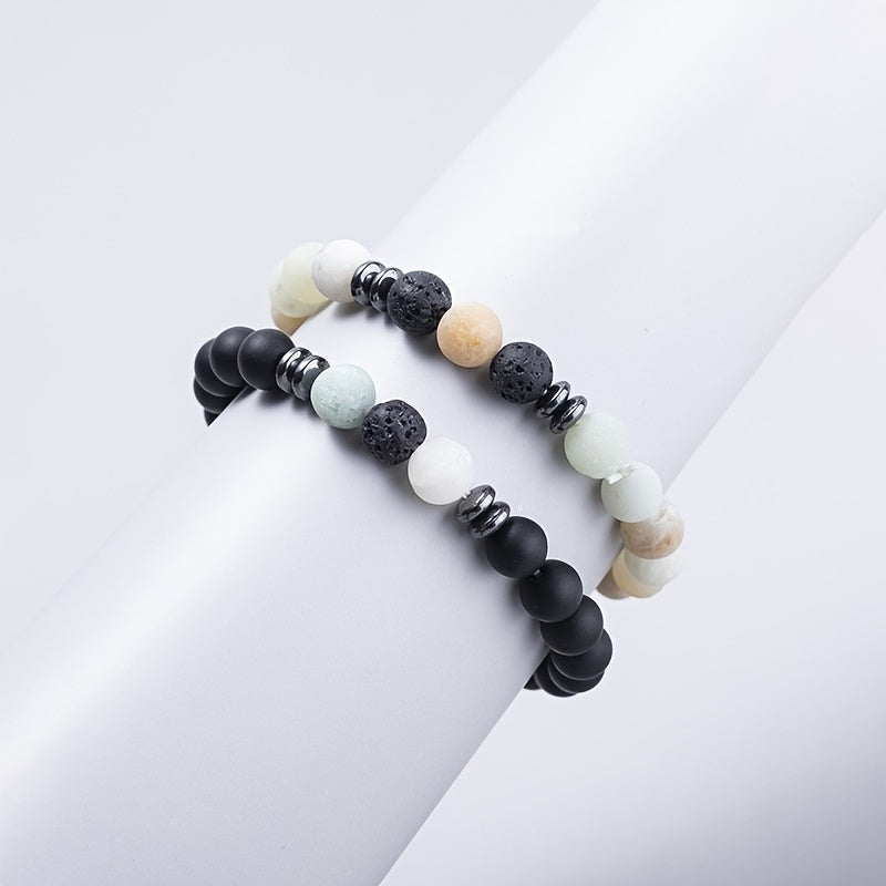 Tiger Eye Beaded Couple Bracelet Set, Men's Agate Stretch Bracelet