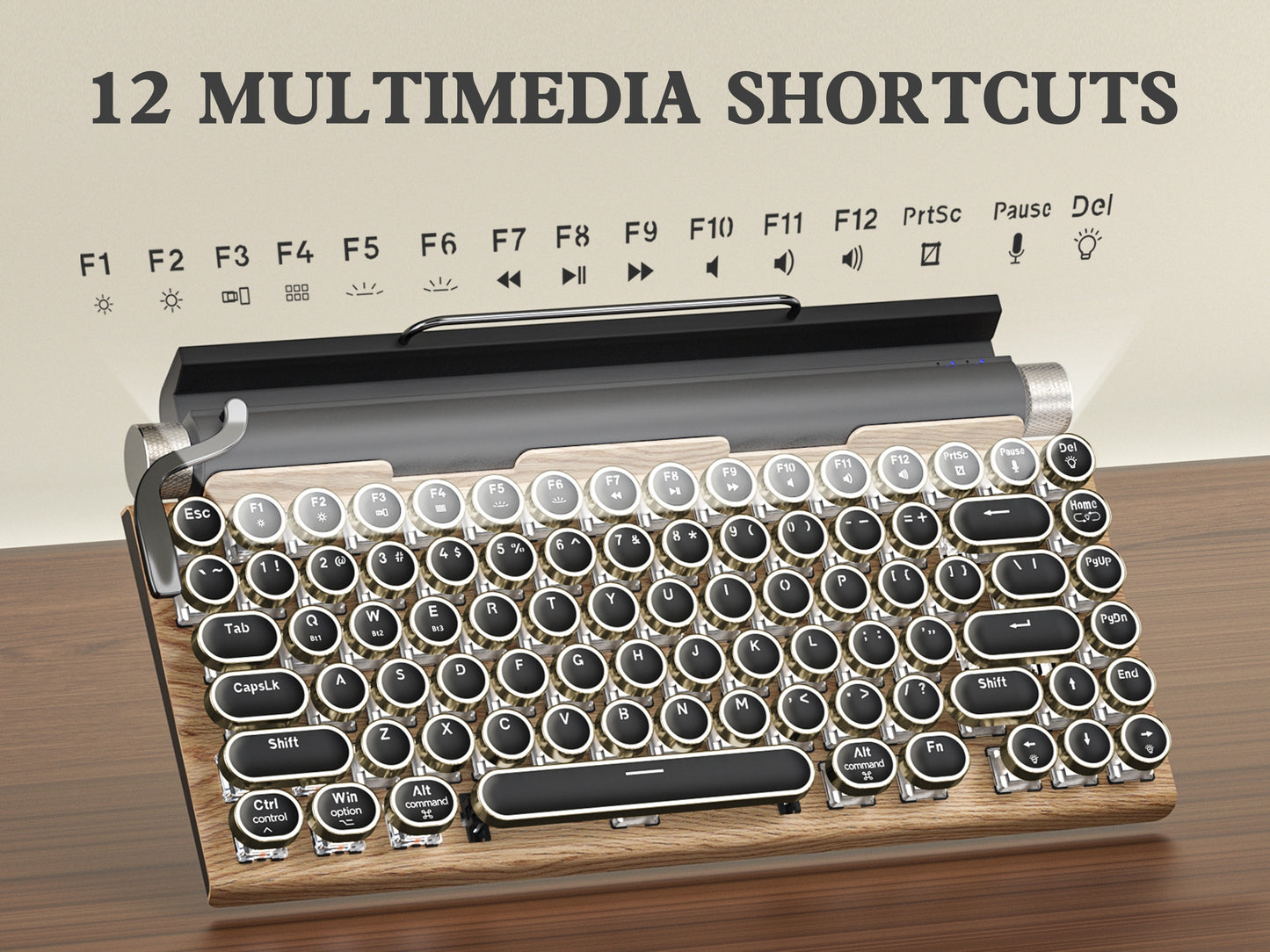 Wired & Wireless Retro Multi-Device Mechanical Typewriter, Compact 80% Layout Keyboard, Hotswappable, Wireless 5.0, Round Keycaps, LED Backlit, For Windows/IOS/Android/Linux