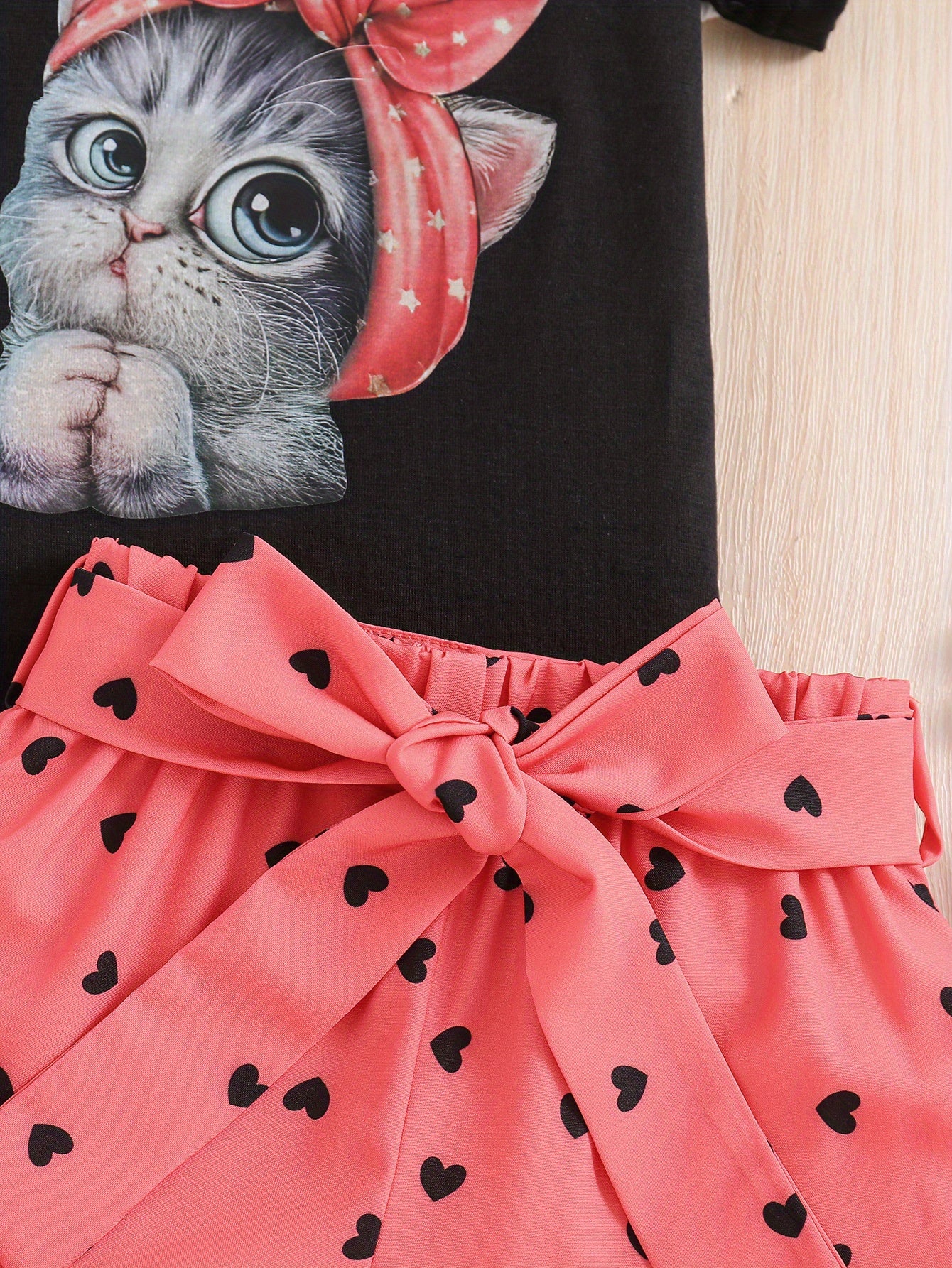 Summer Casual Round Neck Short Sleeve Printed Cat Pattern and Heart-Print Shor, Summer Outfit, Fashion, Cute Design, Playful Pattern, Soft Texture, Durable Clothing, 's Apparel, Little, 's Wear, Perfect for Outdoor