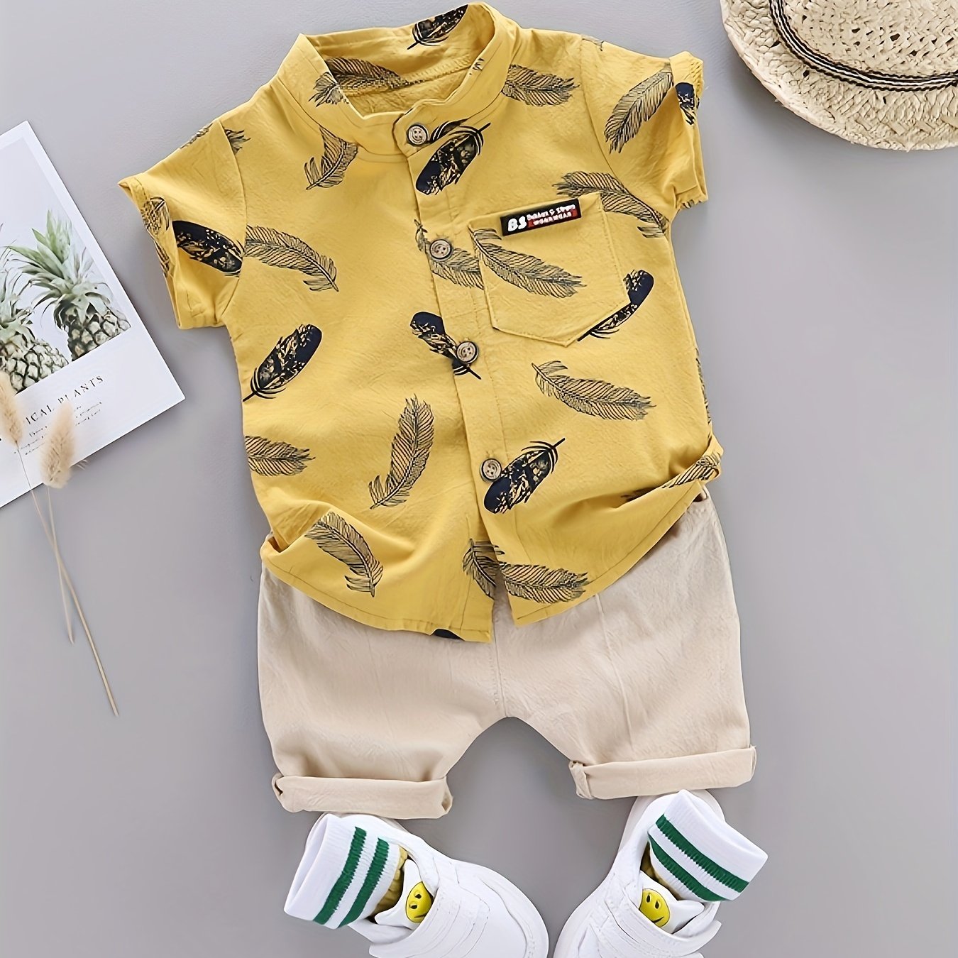 2pcs Baby Boys Casual Feather Pattern Short Sleeve Shirt & Shorts Set Clothes Outdoor Set