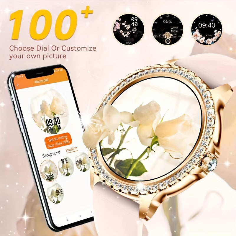 JELLOO Women'S Fashion Smart Watch - 3.35cm HD Full Touch Screen, Wireless Calls, IP68, Rechargeable Lithium Battery, Rose Golden & Pearl Accents, Perfect for iPhone & Android, Stylish Accessory|Rose Golden Watch|Lithium Batt