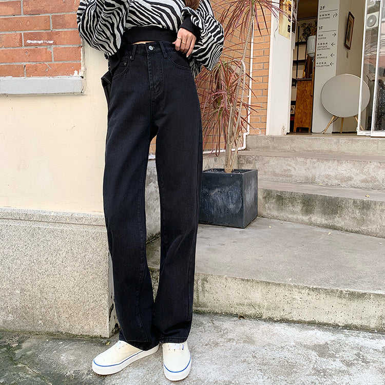 Plain High Rise High Waist Straight Jeans, Loose Fit Wide Legs Zipper Button Closure Boyfriends Jeans, Women's Denim Jeans & Clothing