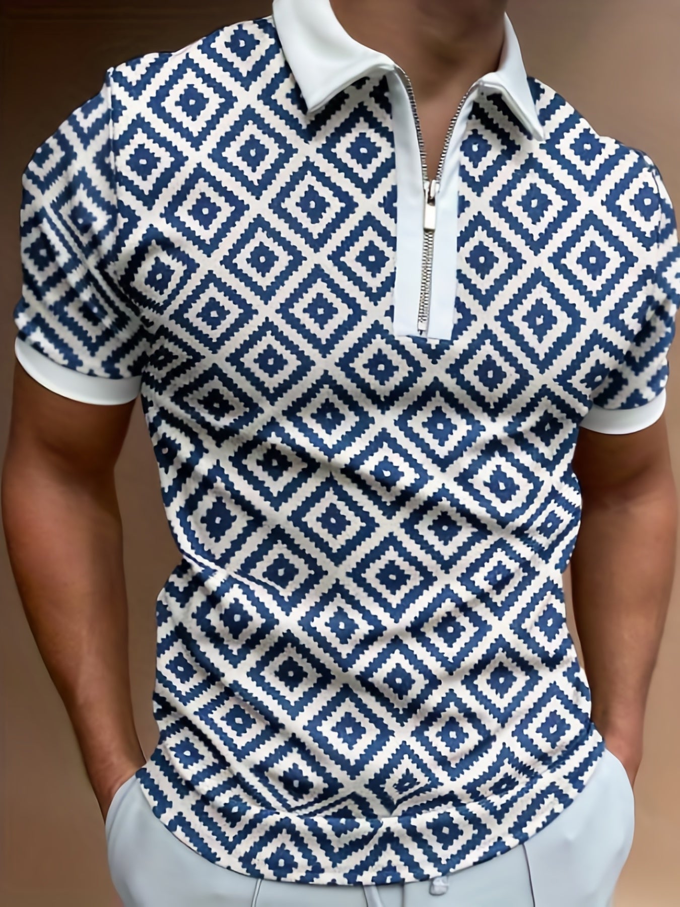 Geometric Pattern Print Men's Casual Short Sleeves Zipper Graphic Shirts, Lapel Collar Tops Pullovers, Men's Clothing For Summer
