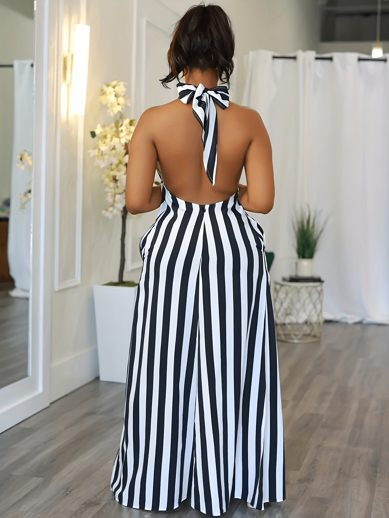 Vibrant Striped Halter Dress - Flattering V-Neck, Daring Backless Design, Chic Halter Neck Style, Perfect for Warm Weather - Womens Fashion Apparel, Stylish Clothing for Ladies, Spring and Summer Essential