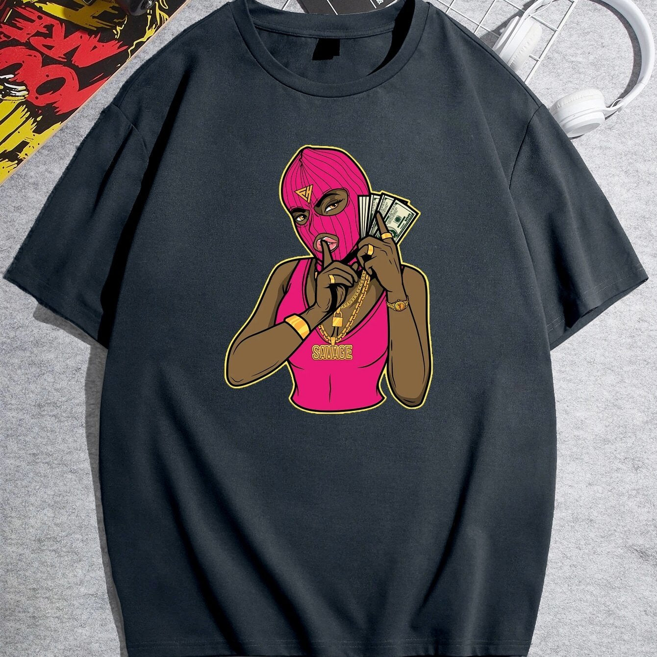 Plus Size Men's Casual Graphic Tees For Summer, Pink Savage Print Crew Neck Oversized T-shirts, Trendy Chic Outfit Men's Clothings