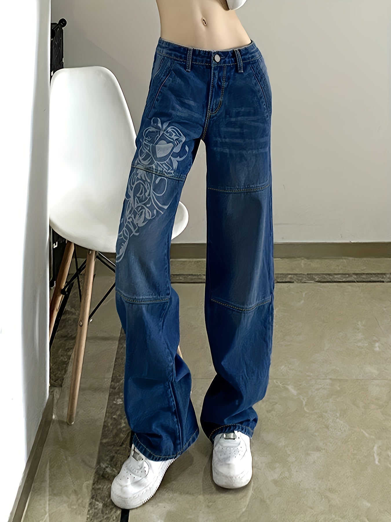 White Floral Print Thigh High Rise Loose Baggy Fit Straight Lets Plicated Hem Sectional Design High Waist Boyfriend Jeans, Women's Denim Jeans, Women's Clothing
