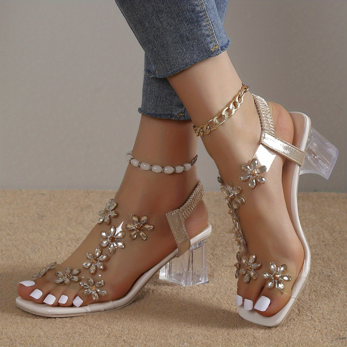 Glittering Flower Rhinestone Block Heel Sandals - Square Open Toe with Elastic Slip-On Straps - Dazzling High Heels for Versatile Fashion