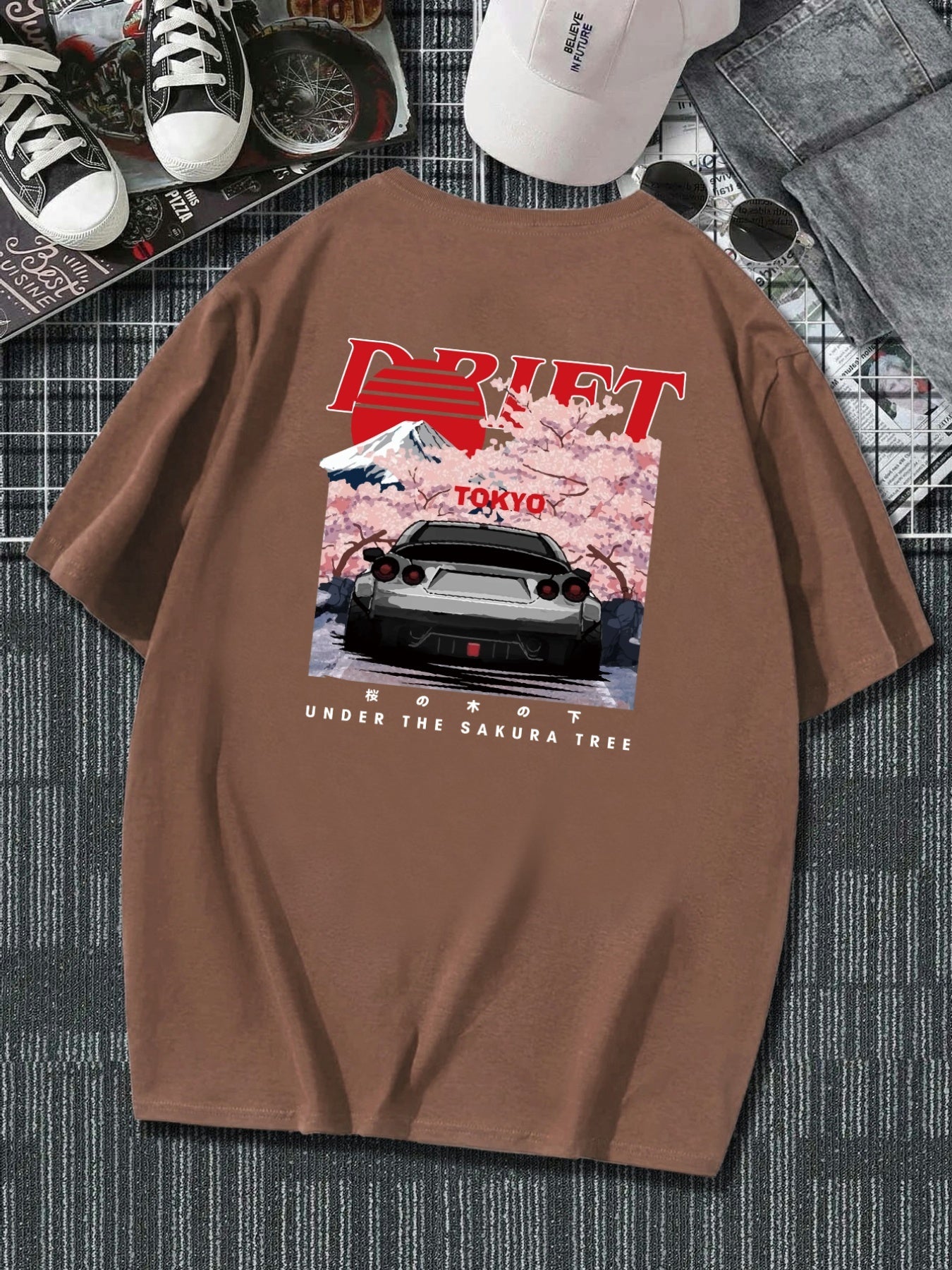 Plus Size Drift Car Men's Casual Trendy Graphic Print Comfortable Crew Neck Short Sleeve T-shirts, Summer Oversized Loose Tees