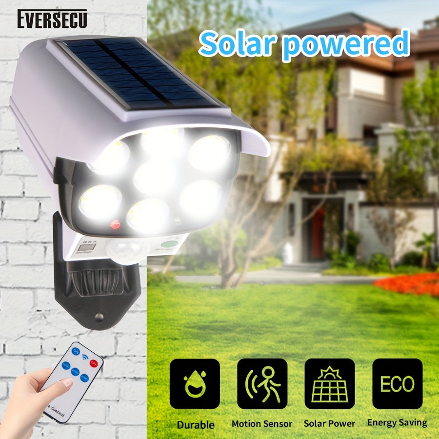 Outdoor Motion Sensor Solar Lights 2000 Lumens 77 LEDs Spotlight With Remote Controller FloodLights, Wireless Dummy Decoy Fake Security Camera for Porch Garden Patio Driveway
