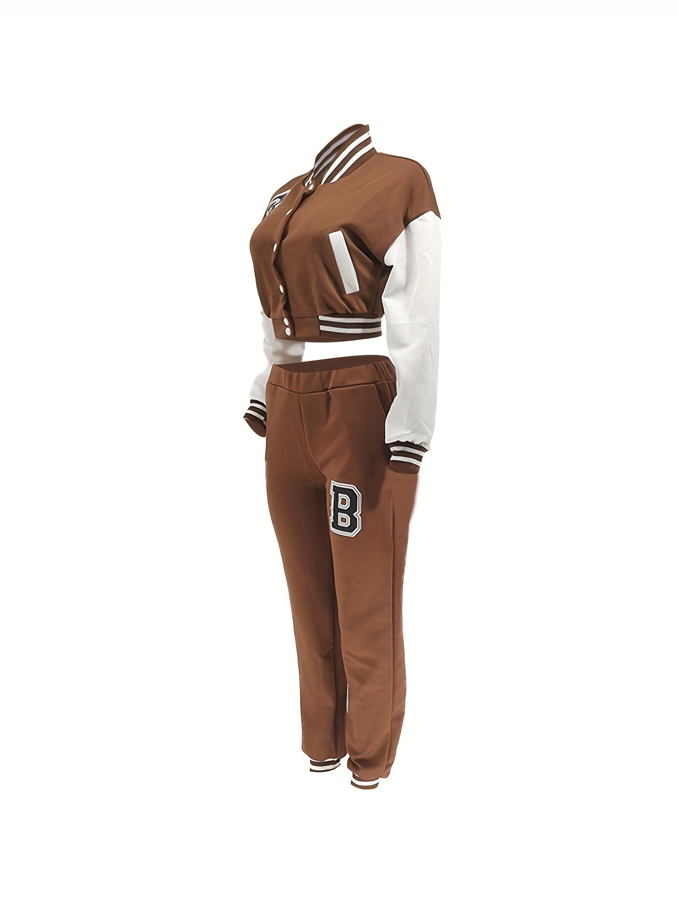 Chic, Women's Casual Letter Print Baseball Jacket and Pants Set - Red and White, Polyester Blend, Machine Washable, Fall/Winter Fashion Ensemble