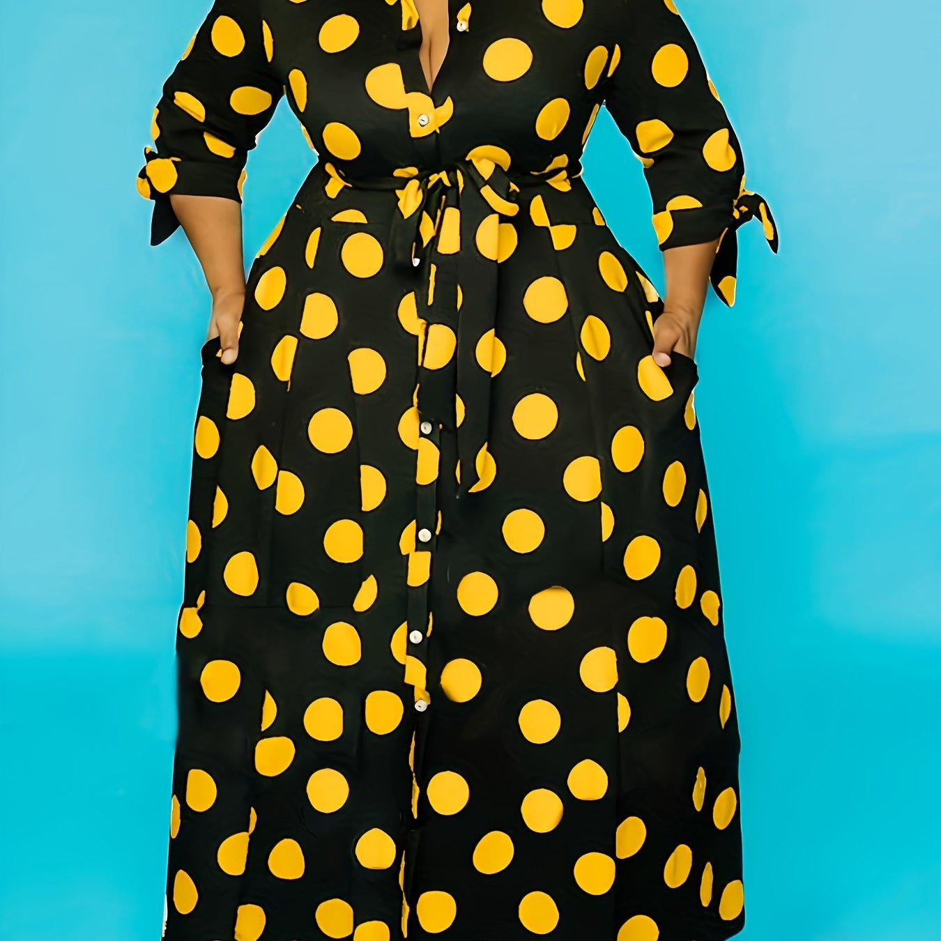 Plus Size Elegant Dress, Women's Plus Polka Dots Print Button Up Collared Belted Maxi Dress