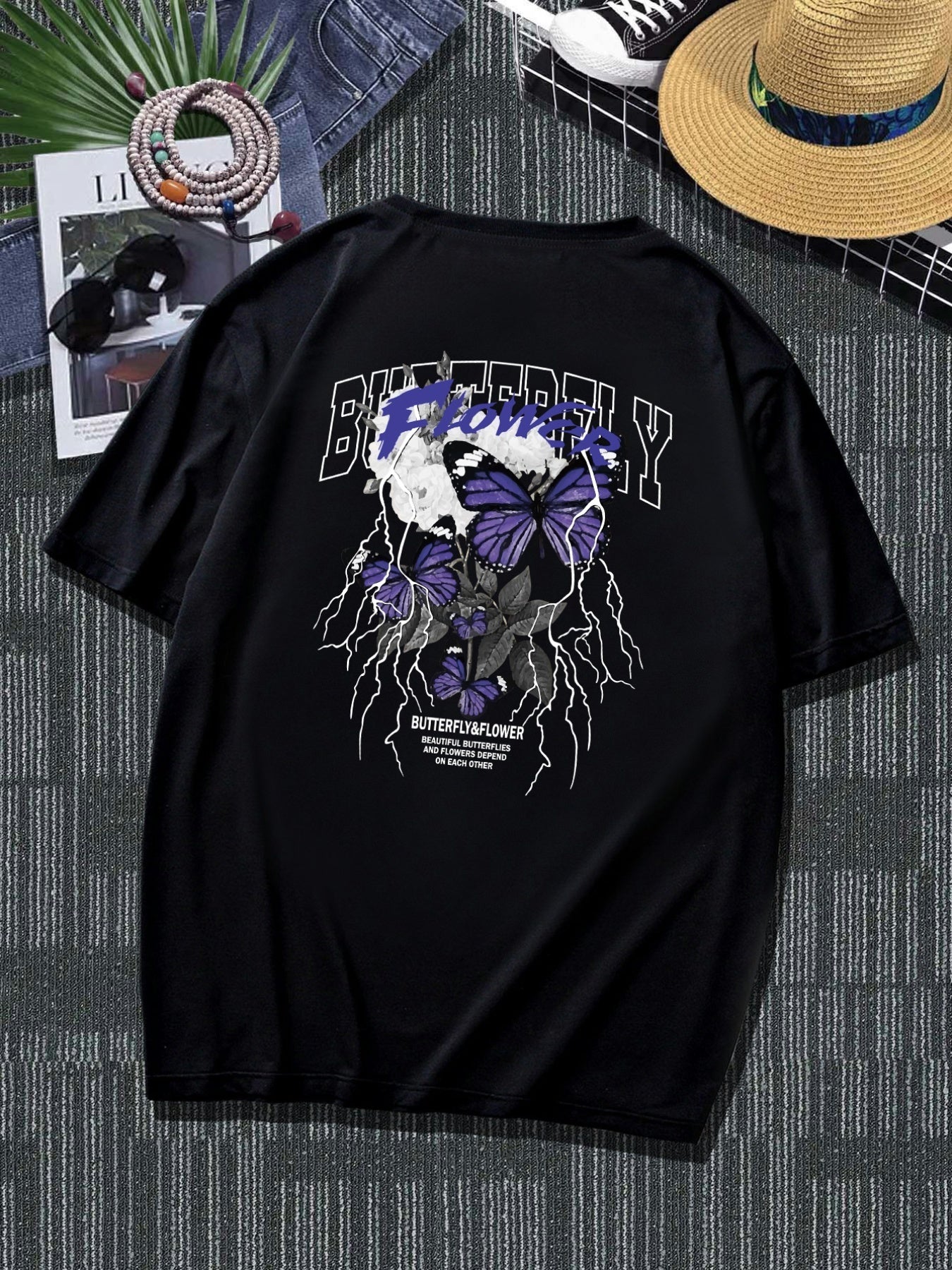 Plus Size Butterfly Men's Casual Trendy Graphic Print Comfortable Crew Neck Short Sleeve T-shirts, Summer Oversized Loose Tees