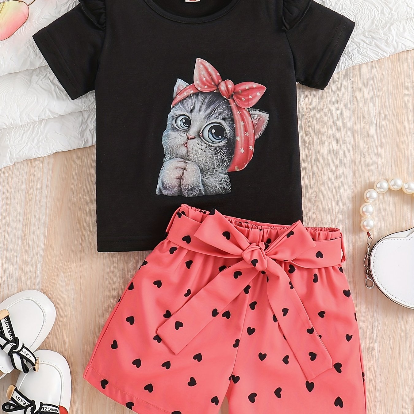 Summer Casual Round Neck Short Sleeve Printed Cat Pattern and Heart-Print Shor, Summer Outfit, Fashion, Cute Design, Playful Pattern, Soft Texture, Durable Clothing, 's Apparel, Little, 's Wear, Perfect for Outdoor