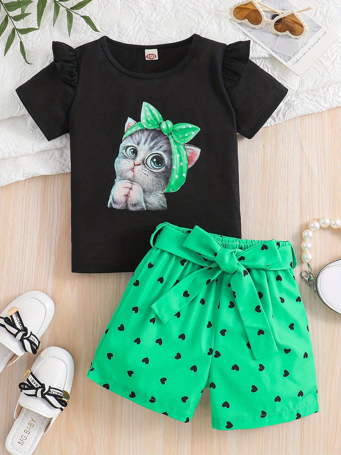 Summer Casual Round Neck Short Sleeve Printed Cat Pattern and Heart-Print Shor, Summer Outfit, Fashion, Cute Design, Playful Pattern, Soft Texture, Durable Clothing, 's Apparel, Little, 's Wear, Perfect for Outdoor
