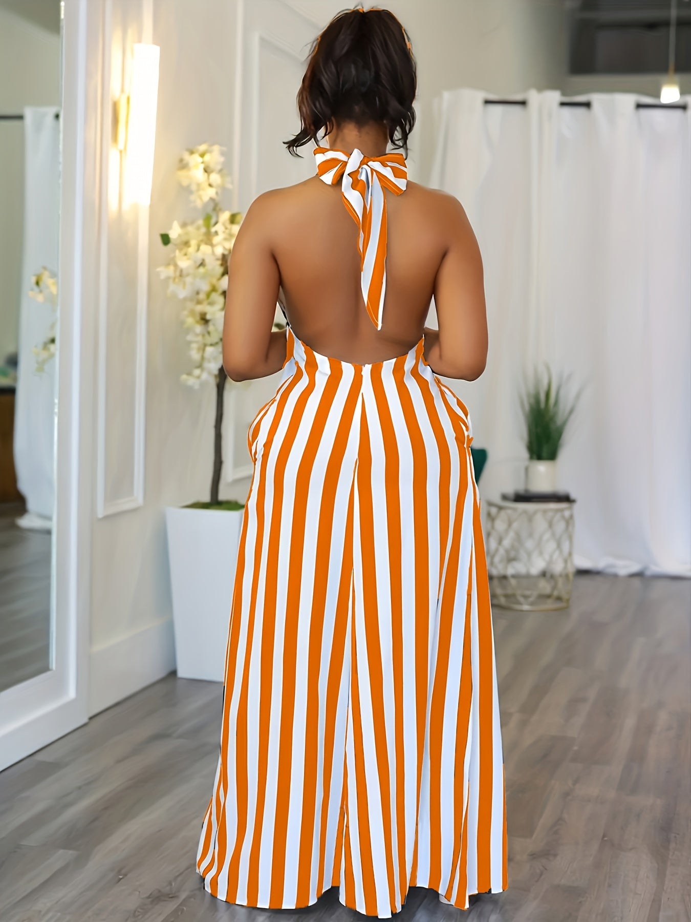 Vibrant Striped Halter Dress - Flattering V-Neck, Daring Backless Design, Chic Halter Neck Style, Perfect for Warm Weather - Womens Fashion Apparel, Stylish Clothing for Ladies, Spring and Summer Essential