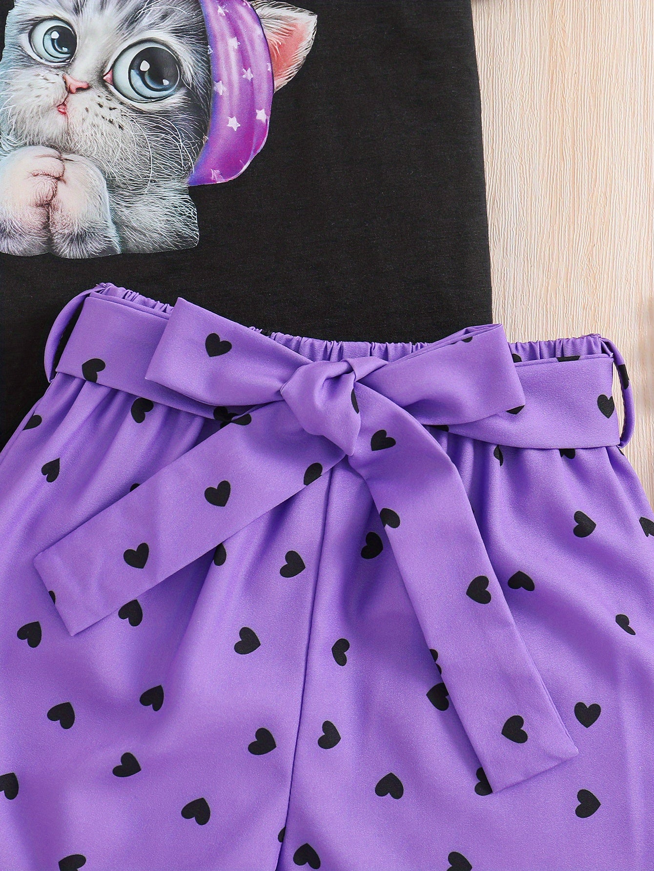 Summer Casual Round Neck Short Sleeve Printed Cat Pattern and Heart-Print Shor, Summer Outfit, Fashion, Cute Design, Playful Pattern, Soft Texture, Durable Clothing, 's Apparel, Little, 's Wear, Perfect for Outdoor