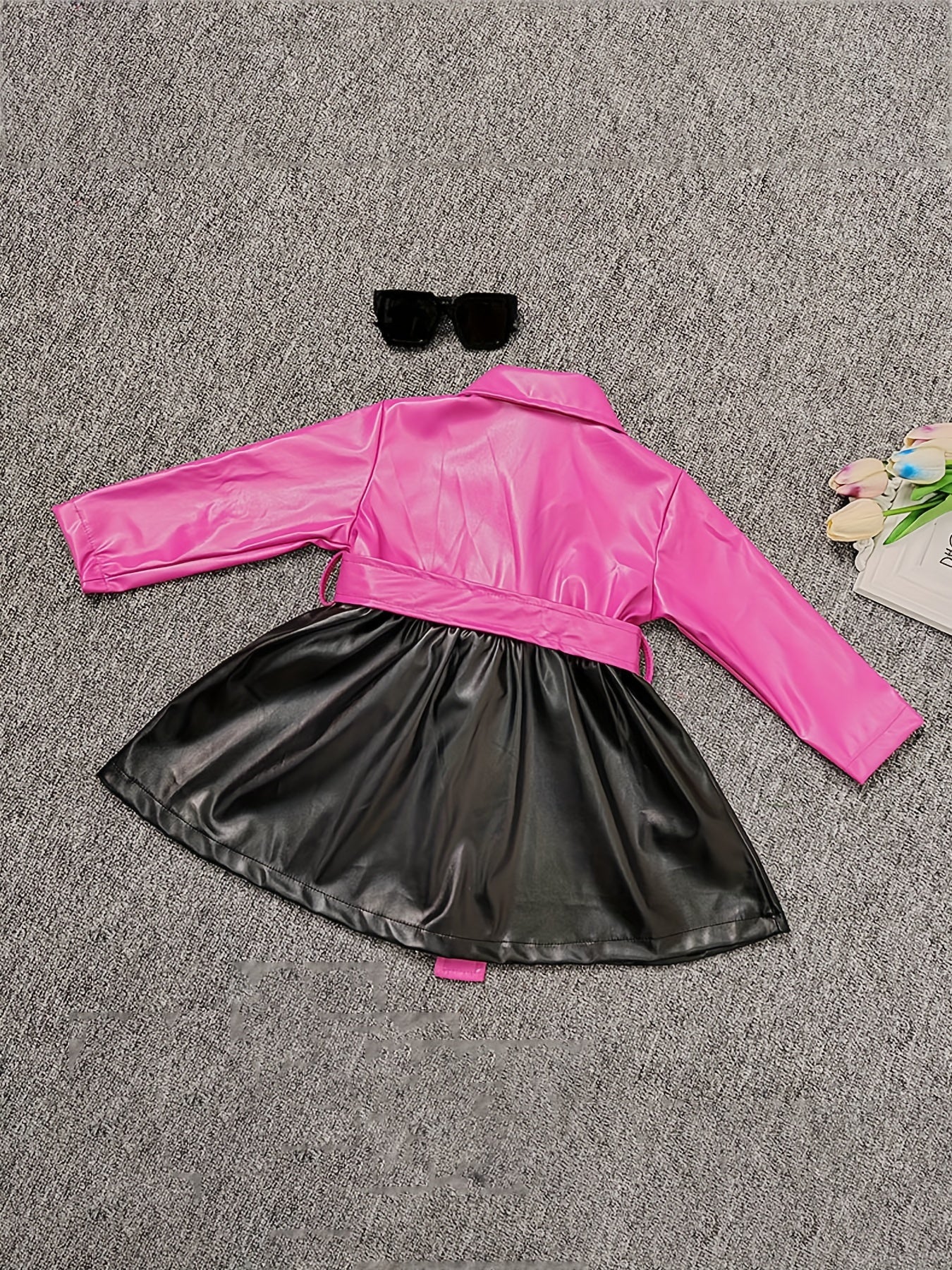 Vibrant Color Block PU Leather Dress for Girls - Stylish Button Lapel Design, Adjustable Belt, and Comfortable Fit for Kids' Everyday Wear