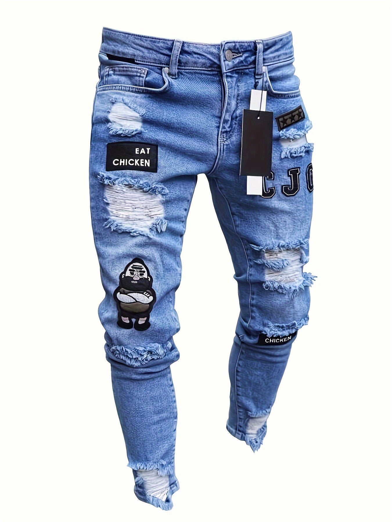 Men's Hip-Hop Style Slim Fit Stretch Denim Jeans with Distressed Details, Ripped Badge Accents - Mid-Rise, Raw Hem, Machine Washable, Grey