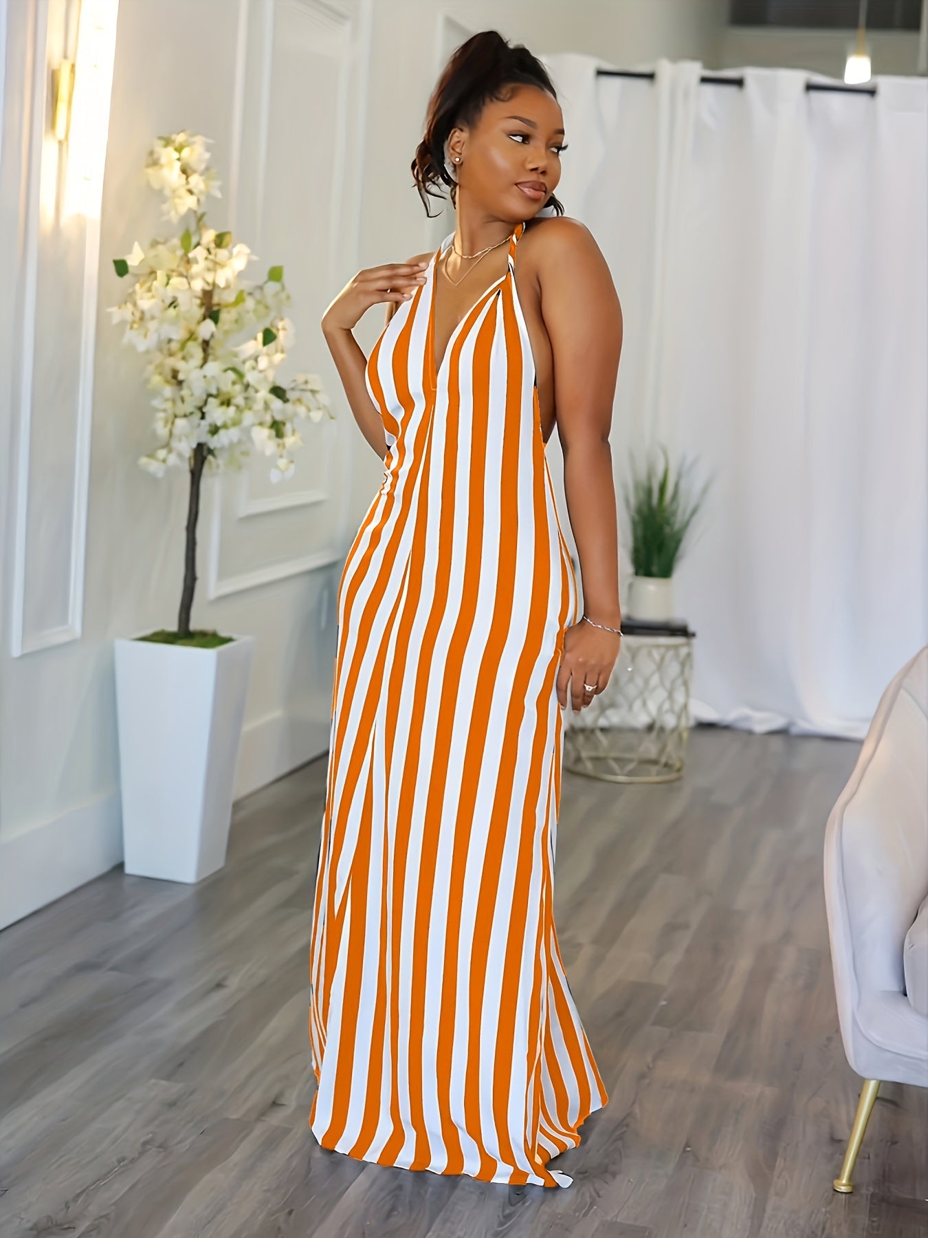 Vibrant Striped Halter Dress - Flattering V-Neck, Daring Backless Design, Chic Halter Neck Style, Perfect for Warm Weather - Womens Fashion Apparel, Stylish Clothing for Ladies, Spring and Summer Essential