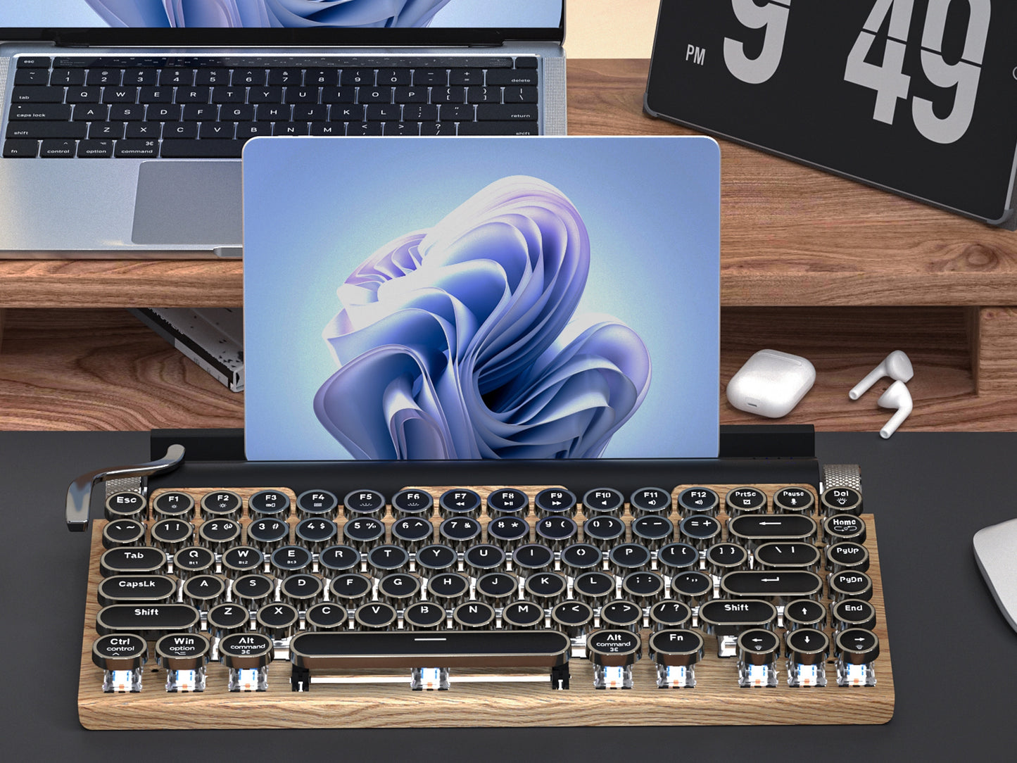 Wired & Wireless Retro Multi-Device Mechanical Typewriter, Compact 80% Layout Keyboard, Hotswappable, Wireless 5.0, Round Keycaps, LED Backlit, For Windows/IOS/Android/Linux