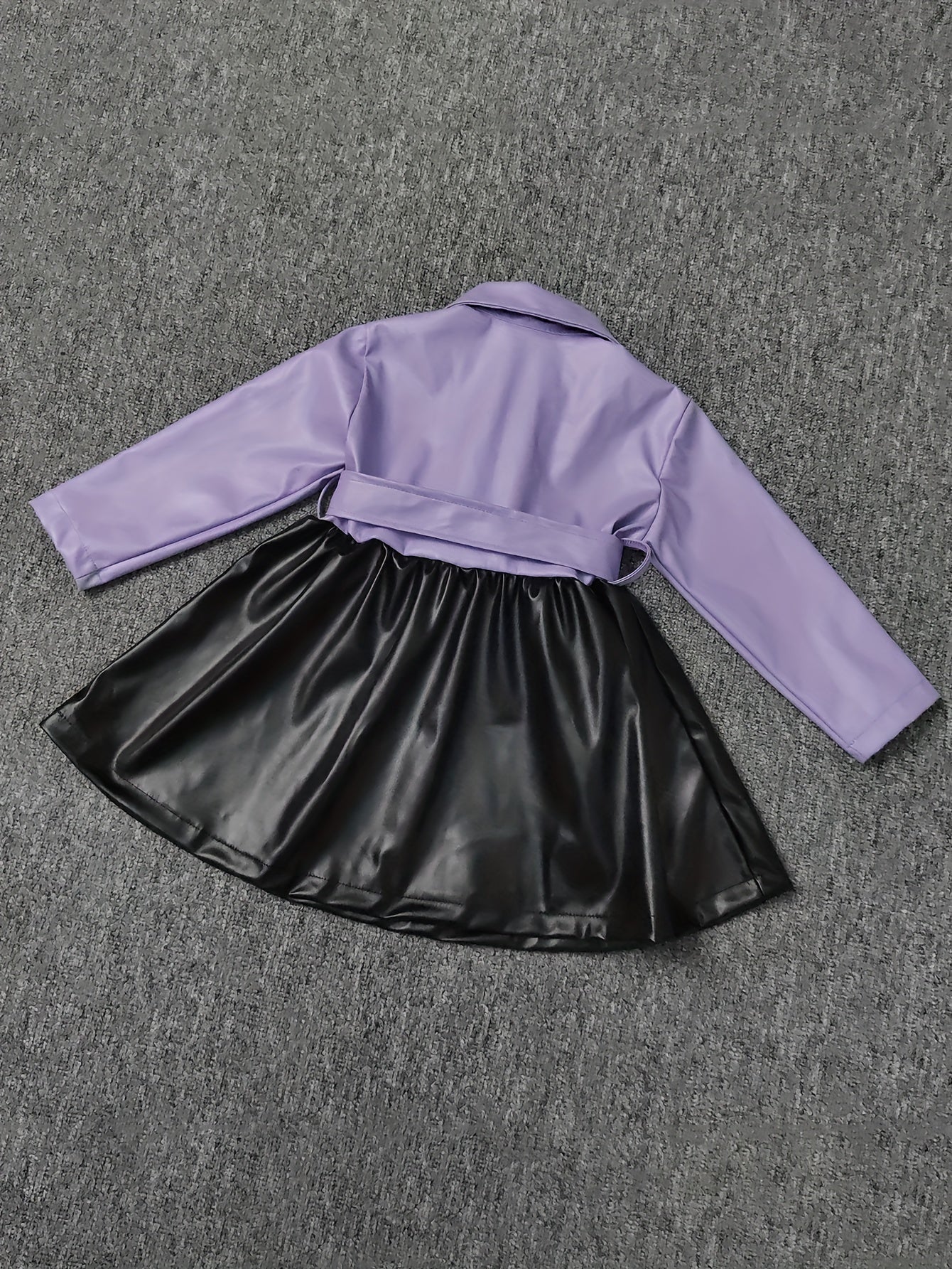 Vibrant Color Block PU Leather Dress for Girls - Stylish Button Lapel Design, Adjustable Belt, and Comfortable Fit for Kids' Everyday Wear
