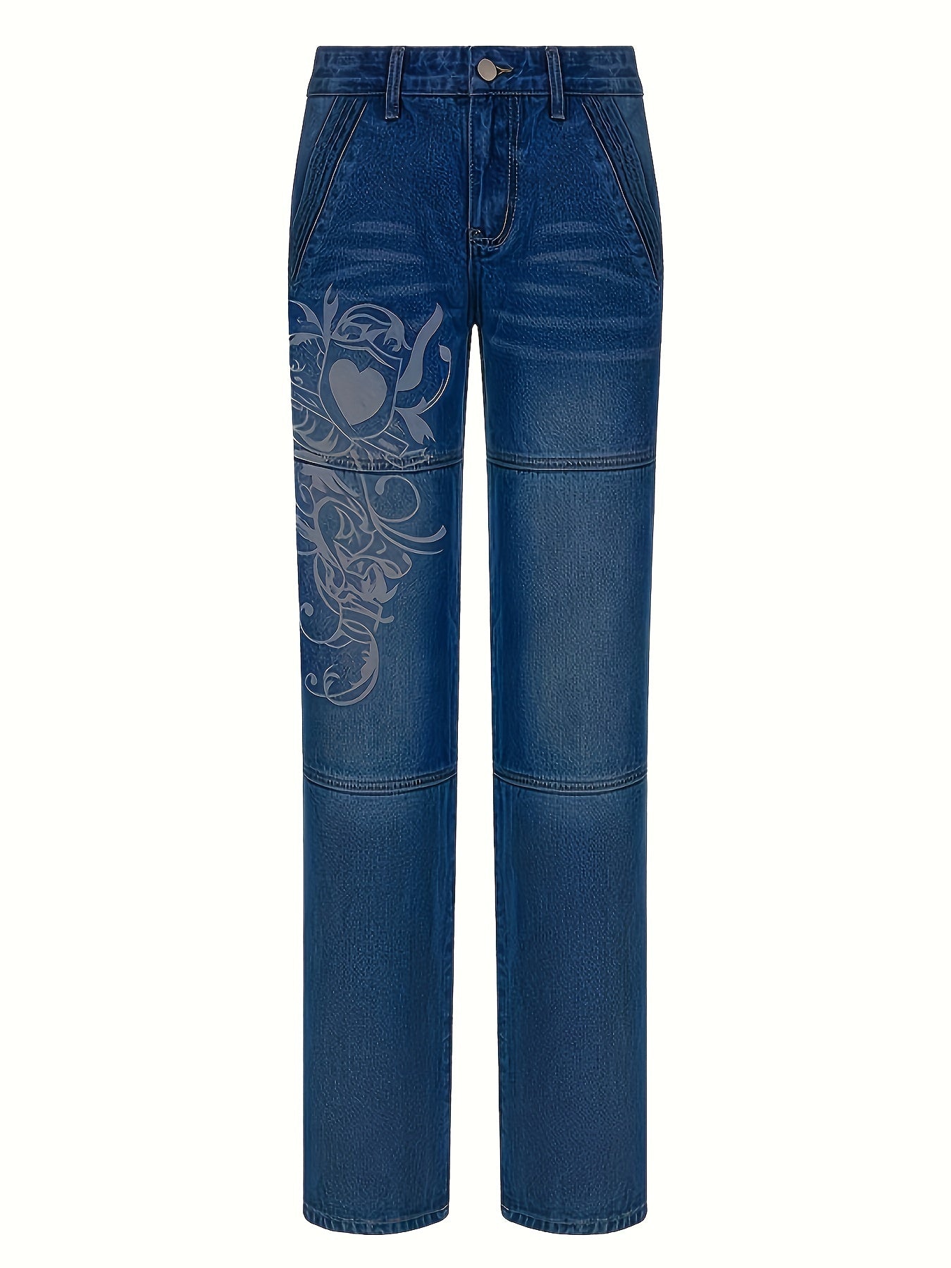 White Floral Print Thigh High Rise Loose Baggy Fit Straight Lets Plicated Hem Sectional Design High Waist Boyfriend Jeans, Women's Denim Jeans, Women's Clothing