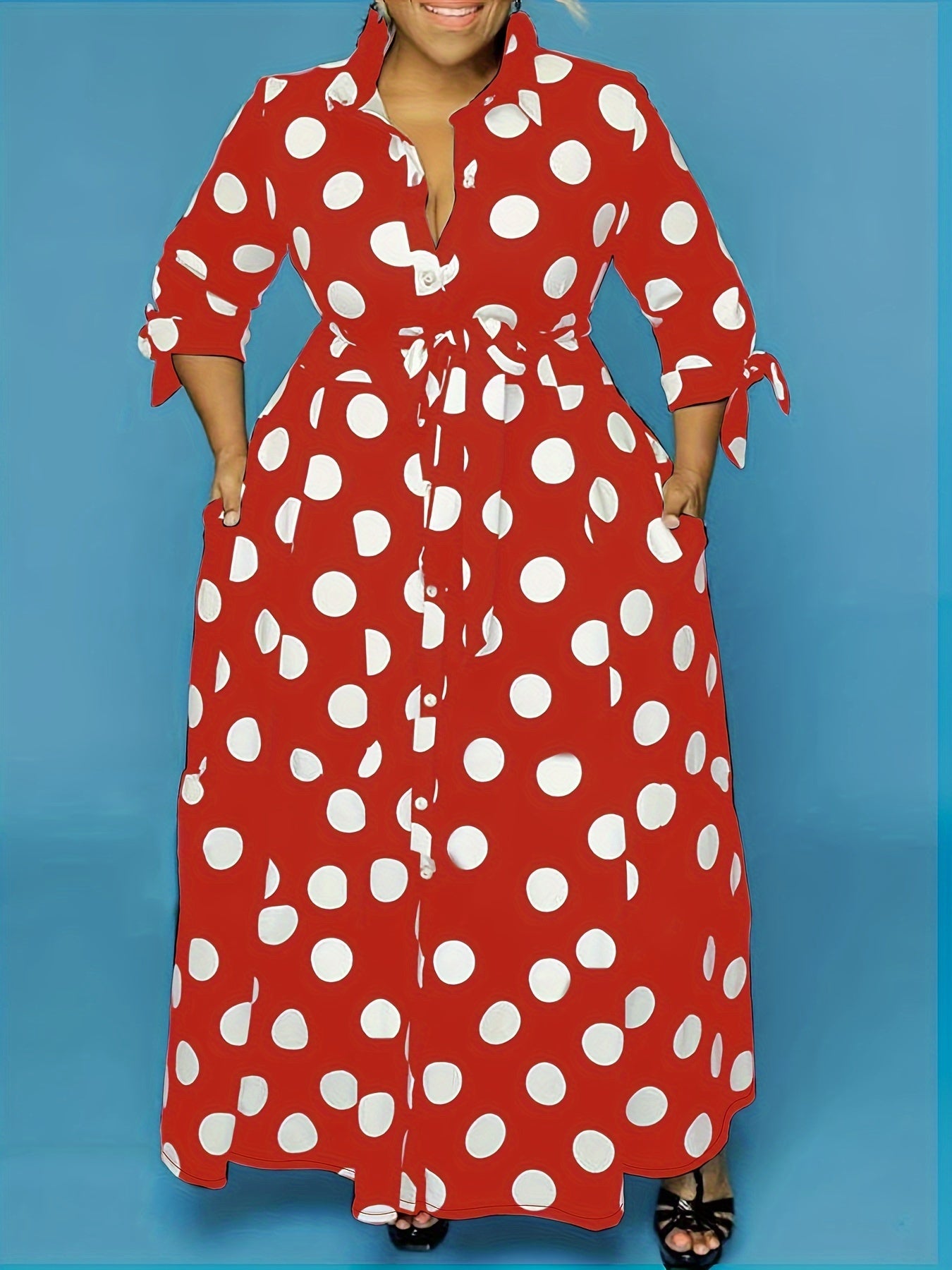 Plus Size Elegant Dress, Women's Plus Polka Dots Print Button Up Collared Belted Maxi Dress