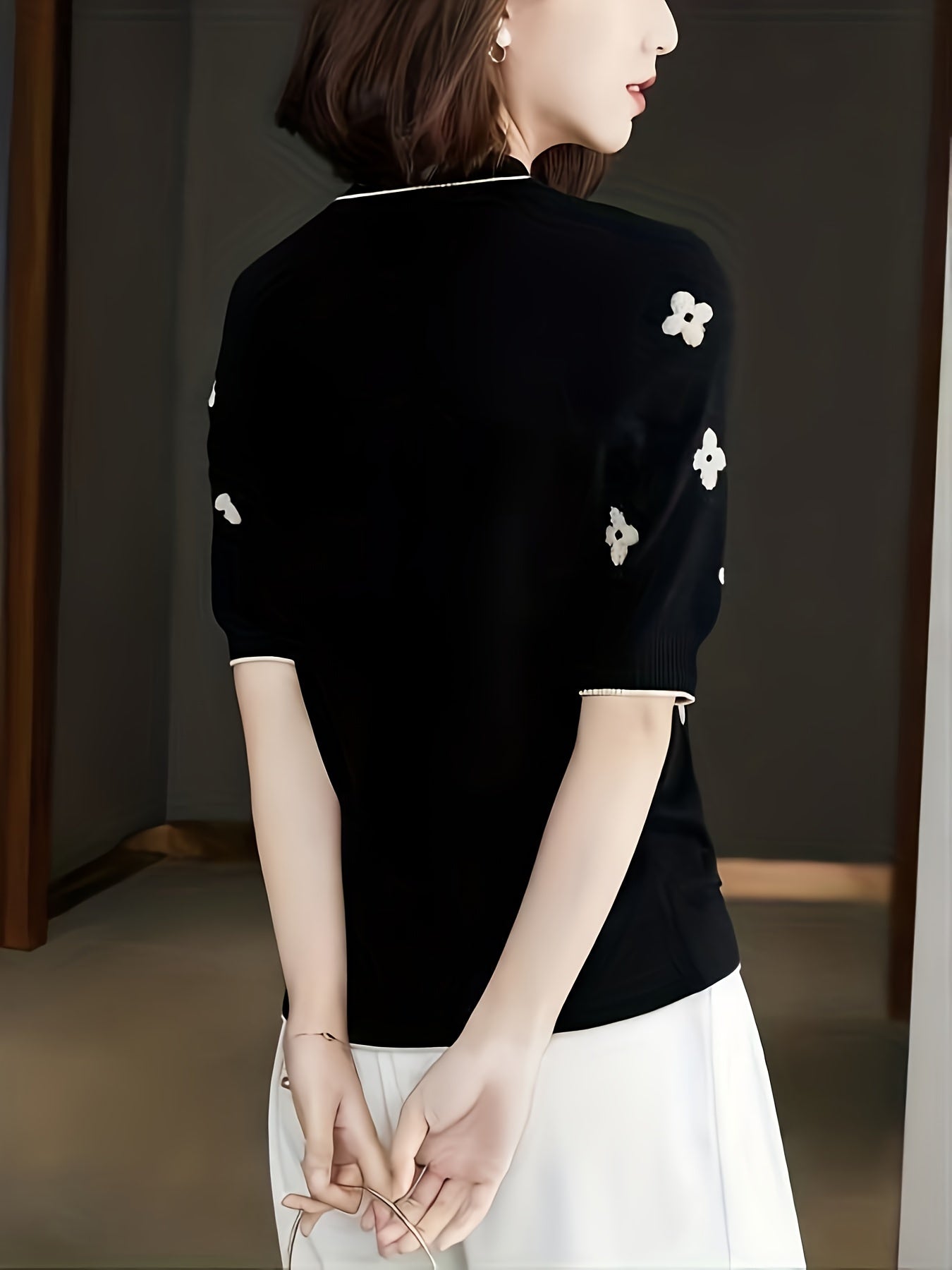 Valentine's Day Floral Print Knit Sweater, Casual Crew Neck Half Sleeve Sweater For Spring & Summer, Women's Clothing