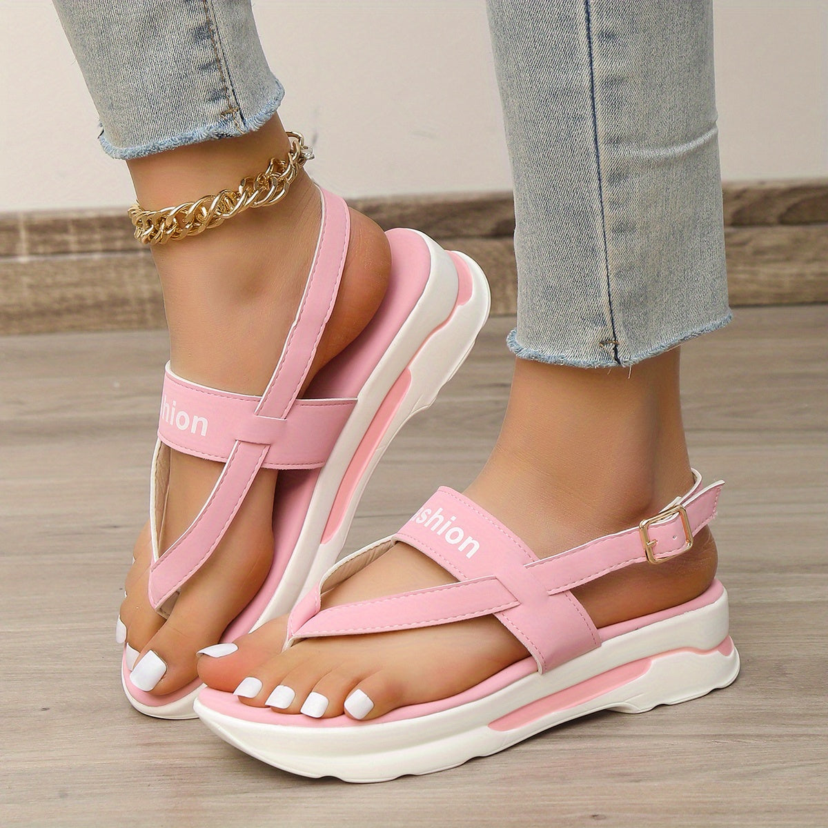 Women's Platform Thong Sandals, Solid Color Letter Buckle Strap Slingback Shoes, Outdoor Summer Sandals