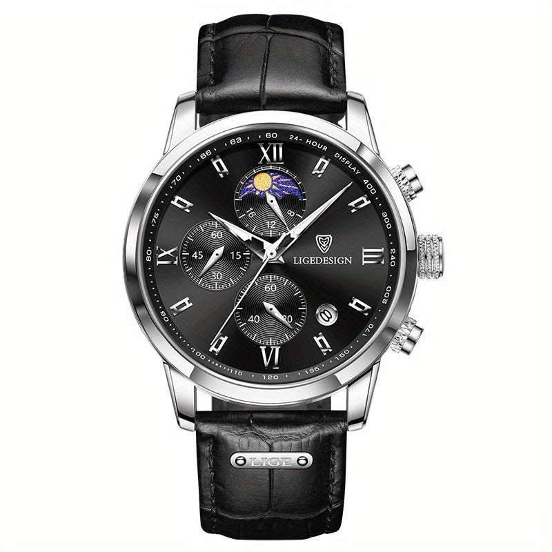 [LIGE Luxury Men Watch] LIGE Luxury Men Watch - PU Leather Chronograph Sport Quartz Wristwatch for Men - Christmas Gift