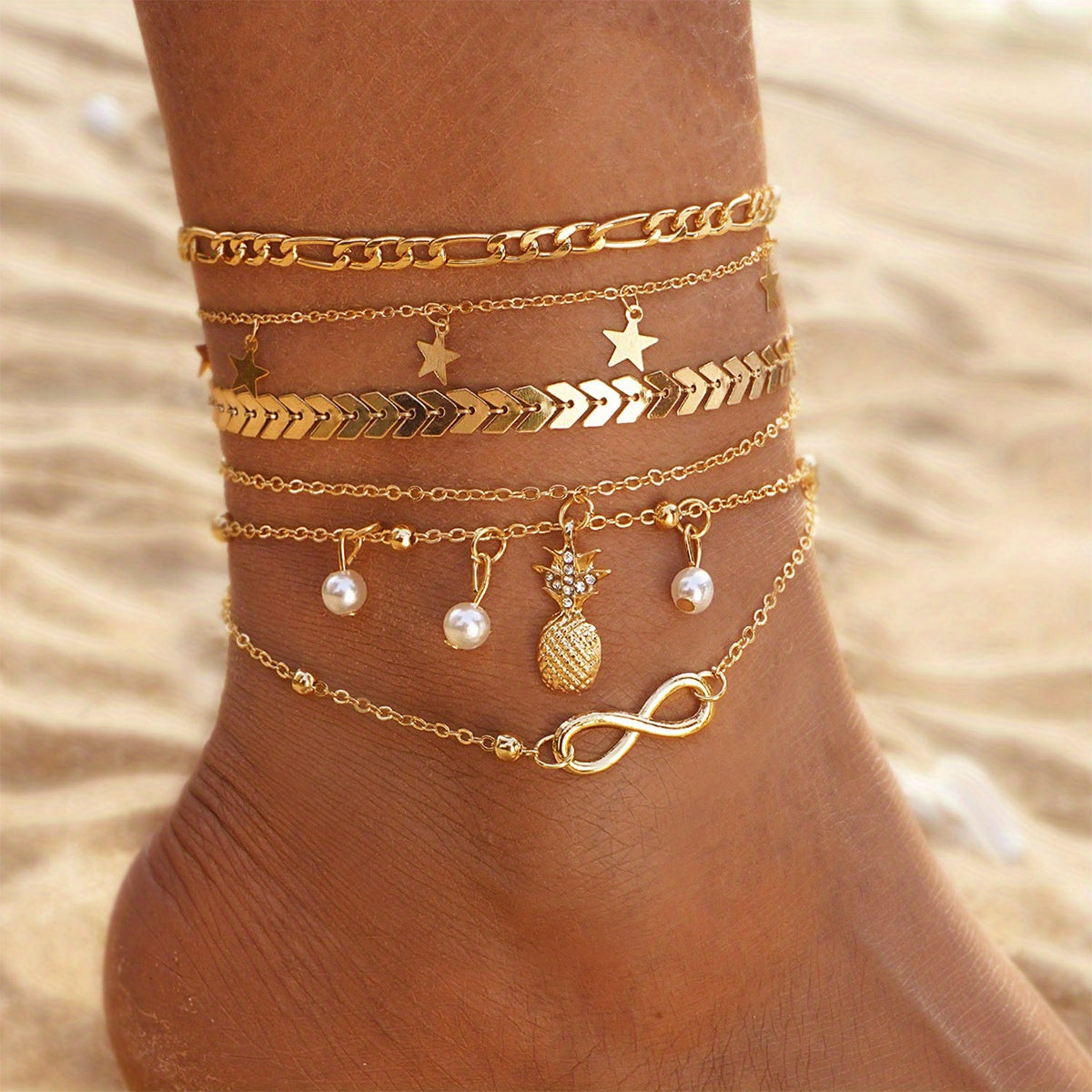 Vintage Golden Pineapple Faux Pearl Charm Anklet 5pcs/Set