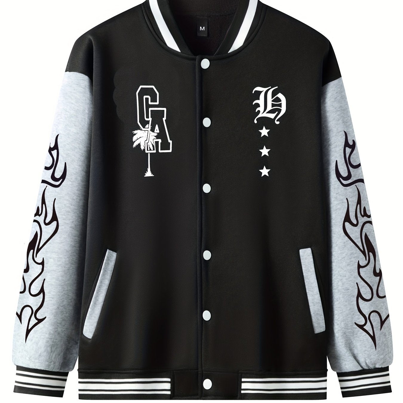 Warm Letter Print Star Pattern Embroidery Varsity Jacket, Men's Casual Color Block Button Up Jacket For Spring Fall School Baseball