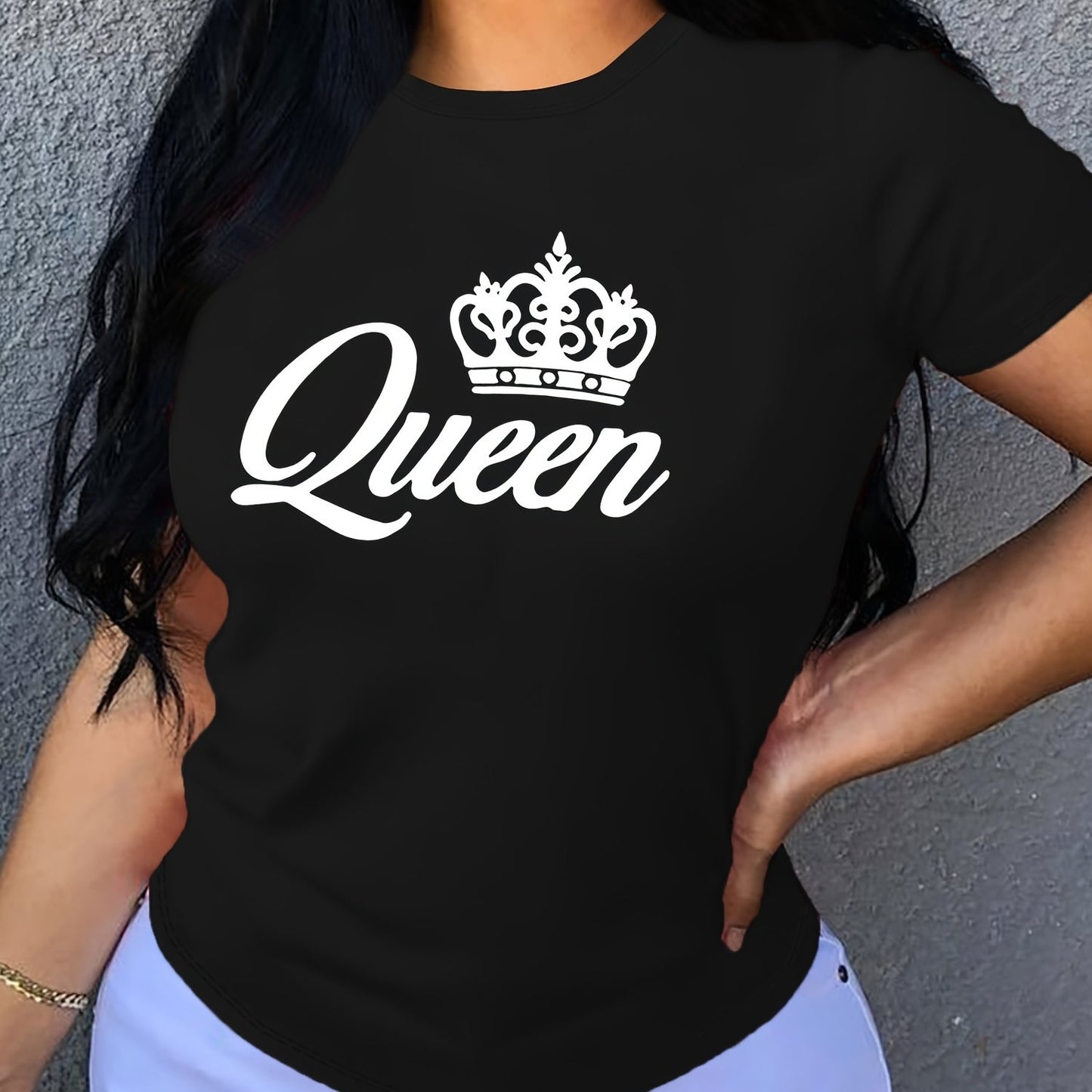 Crown Letter Print Crew Neck T-Shirt, Casual Short Sleeve T-Shirt For Spring & Summer, Women's Clothing