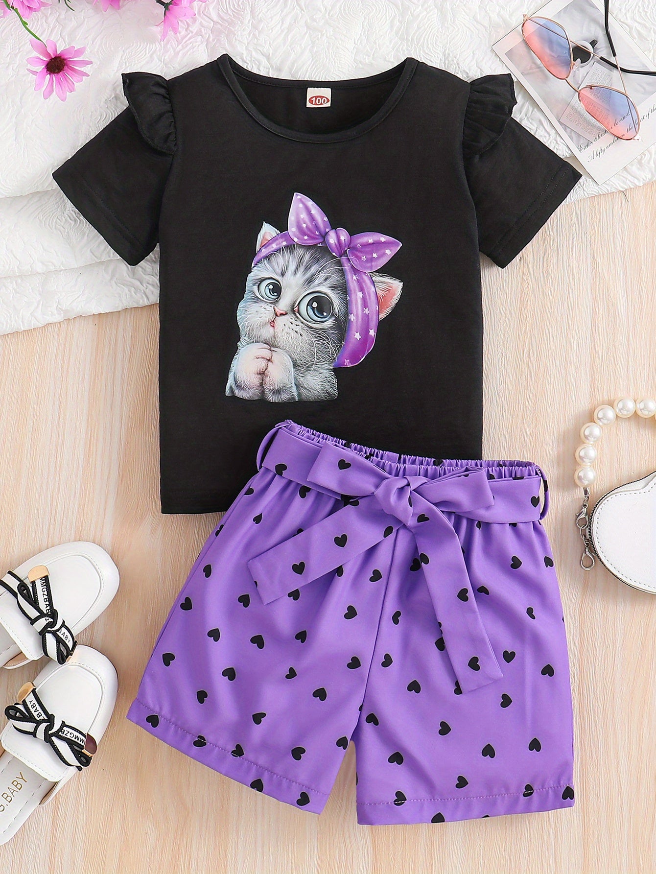 Summer Casual Round Neck Short Sleeve Printed Cat Pattern and Heart-Print Shor, Summer Outfit, Fashion, Cute Design, Playful Pattern, Soft Texture, Durable Clothing, 's Apparel, Little, 's Wear, Perfect for Outdoor