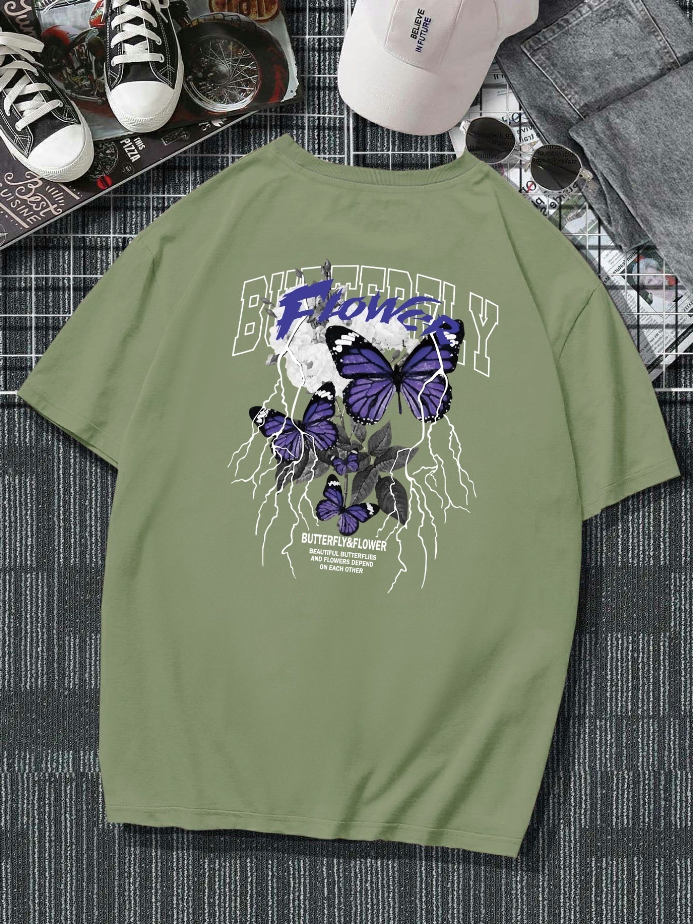 Plus Size Butterfly Men's Casual Trendy Graphic Print Comfortable Crew Neck Short Sleeve T-shirts, Summer Oversized Loose Tees