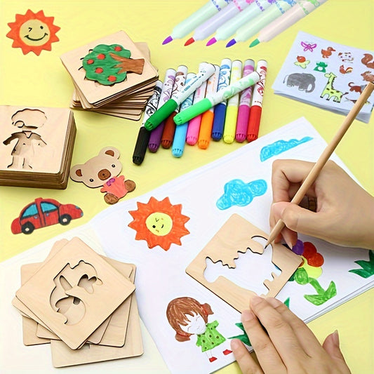20pcs Wooden Drawing Stencils Kit, Drawing Board Toys Coloring Puzzle Arts Crafts Set, Educational Toys halloween christmas gift