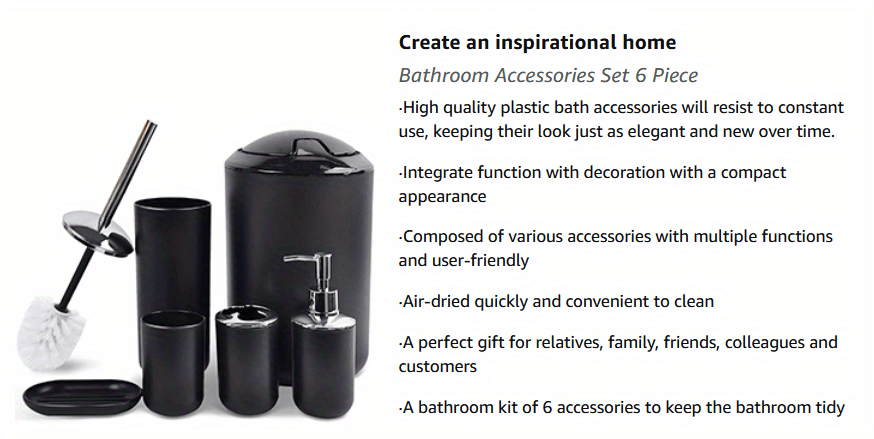 [Black Bathroom Set] 6pcs Black Bathroom Accessory Set - Plastic Soap Dispenser, Toothbrush Holder, Cup, Dish, Trash Can - No Electricity Needed, Family Gift Essentials