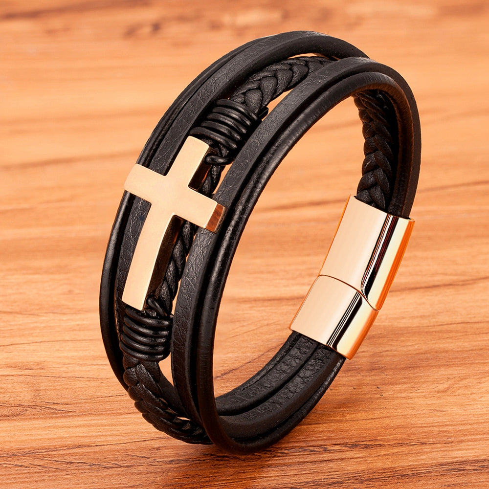 Luxurious Multicolor Cross Design Stainless Steel Men's PU Leather Bracelet - Adjustable 19/21/23cm Length, Stylish, Water Resistant, Durable, Perfect for Formal Occasions, Christmas Gifts, Father's Day Gift, Anniversary Pres