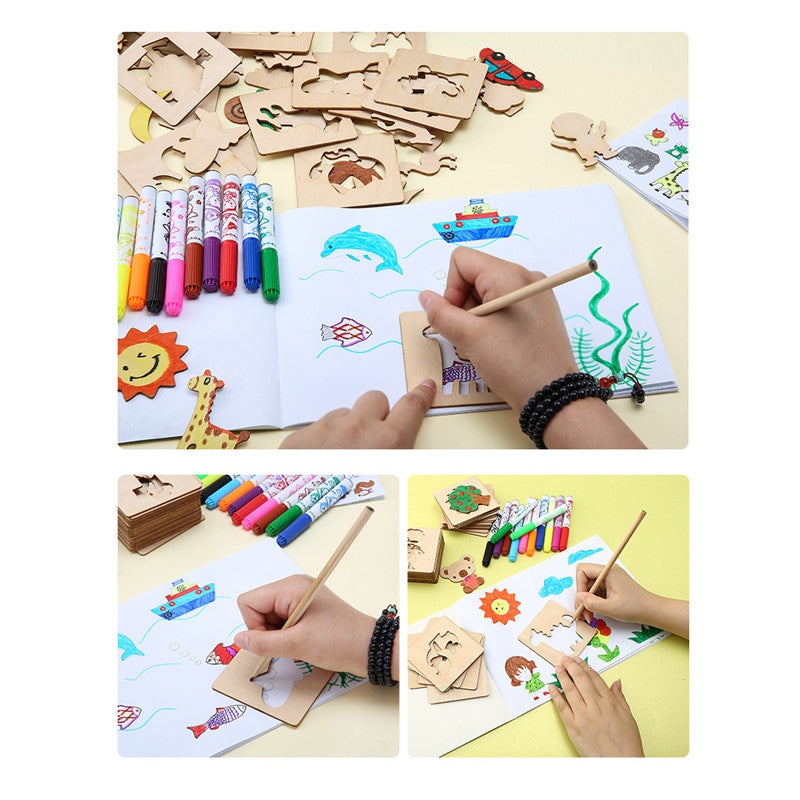 20pcs Wooden Drawing Stencils Kit, Drawing Board Toys Coloring Puzzle Arts Crafts Set, Educational Toys halloween christmas gift
