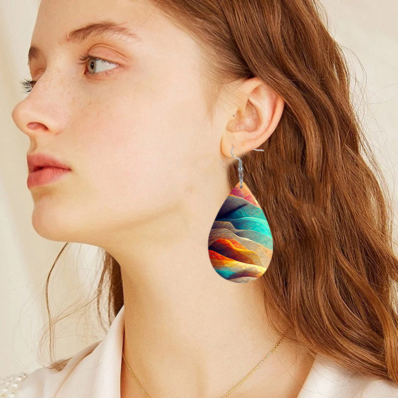 Colorful Mountain Print Teardrop Dangle Earrings Elegant Bohemian Style PU Leather Jewelry Daily Casual